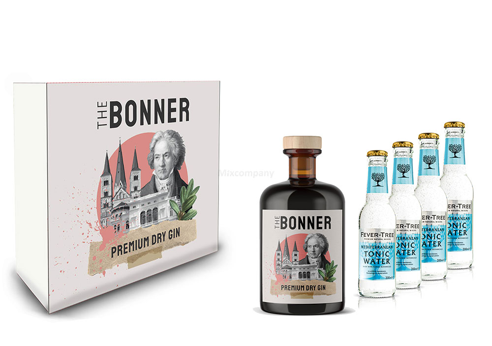 The Bonner Geschenkset - The Bonner Premium Dry Gin 0,5l (41% Vol) + 4x Fever-Tree Mediterranean Tonic Water 200ml inkl. Pfand MEHRWEG- [Enthält Sulfite]