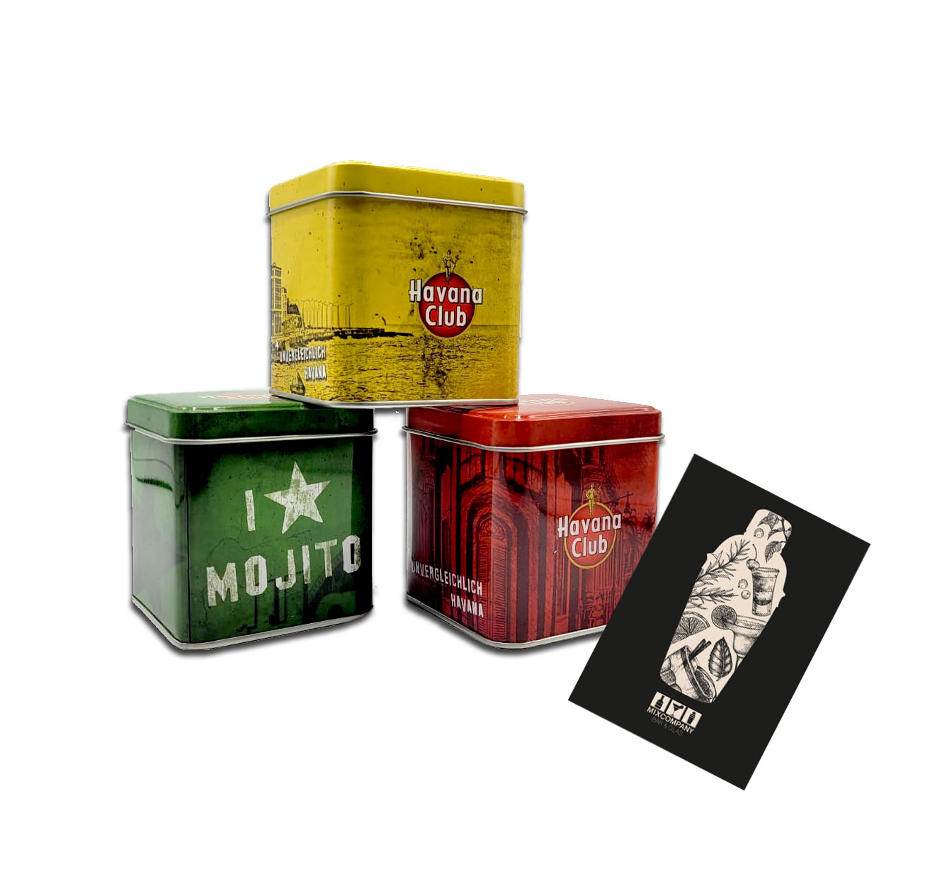 Havana Club Rum Dose 3er Set Becher Glas Tasse Blechdose gelb grün rot Metall Box Zucker Behälter