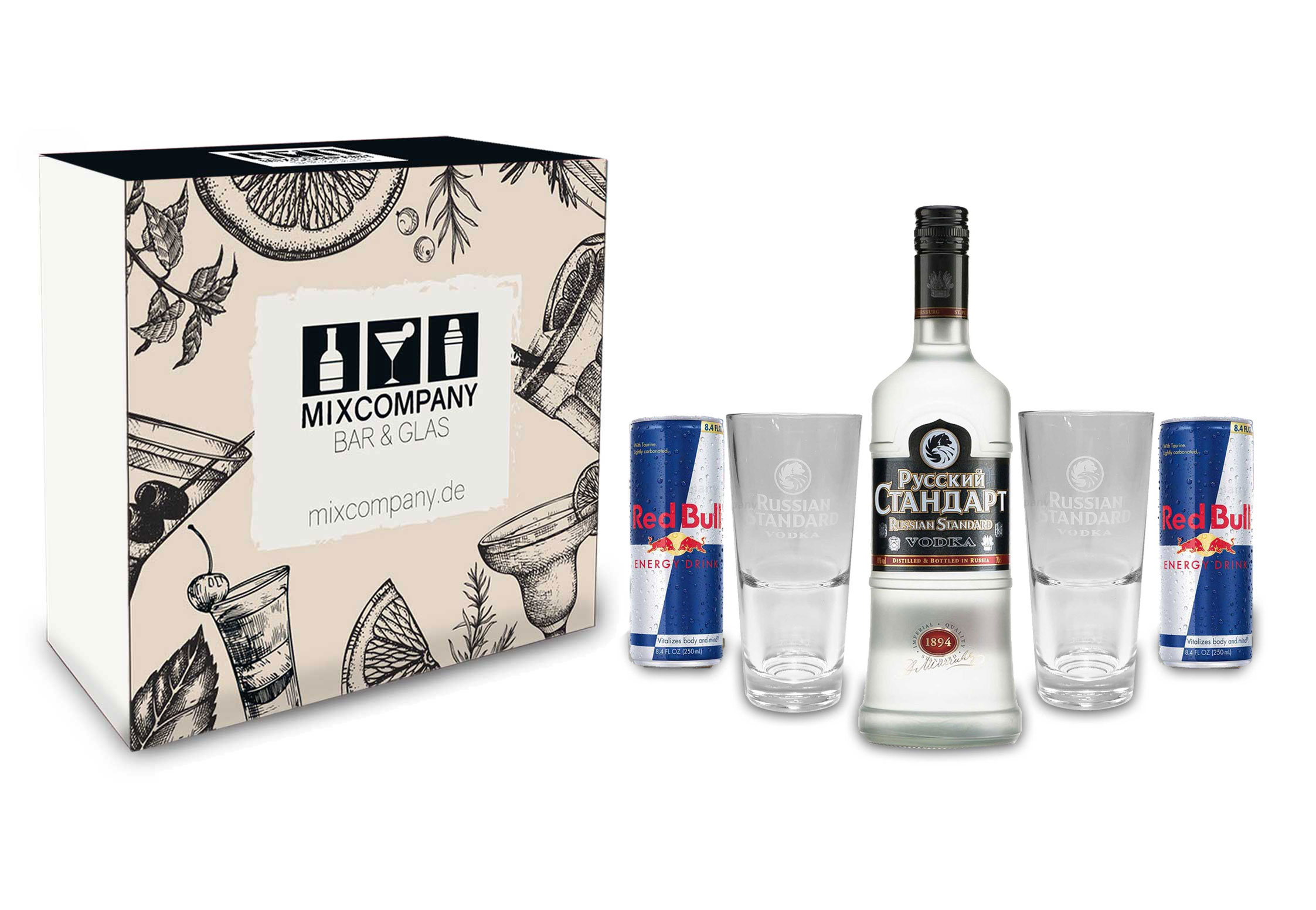 Russian Standard Vodka Set / Geschenkset -Russian Standard Vodka 0,7l 700ml (40% Vol) + 2x Gläser + 2x Red Bull 250ml - Inkl. Pfand EINWEG