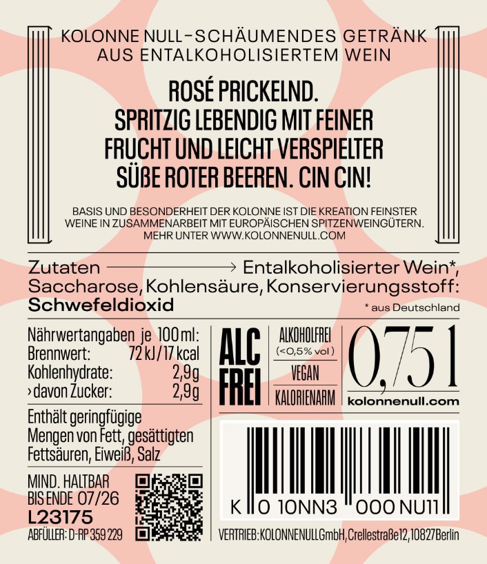 Rosé Sekt Alkoholfrei (4 x 0,75 L) KOLONNE NULL Rosé Prickelnd |  Schaumwein trocken & alkoholfrei | Vegan & kalorienarm