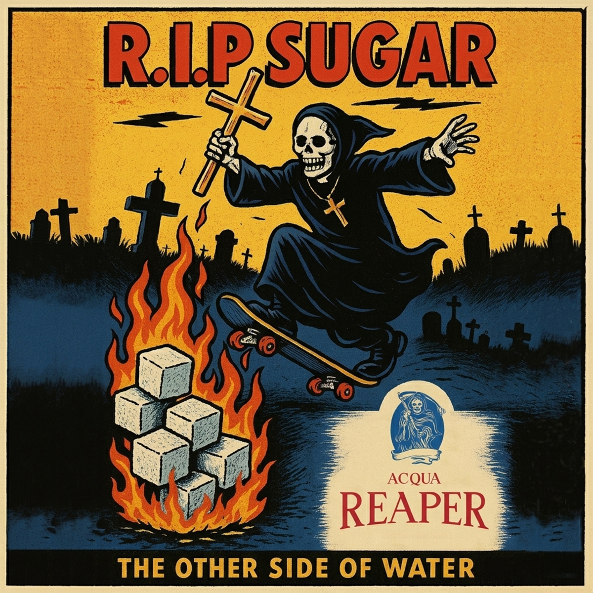 Retro-Illustration mit der Aufschrift „R.I.P. SUGAR“. Ein Sensenmann auf einem Skateboard springt über brennende Zuckerwürfel, bewirbt das Sprudelwasser ohne Zucker.