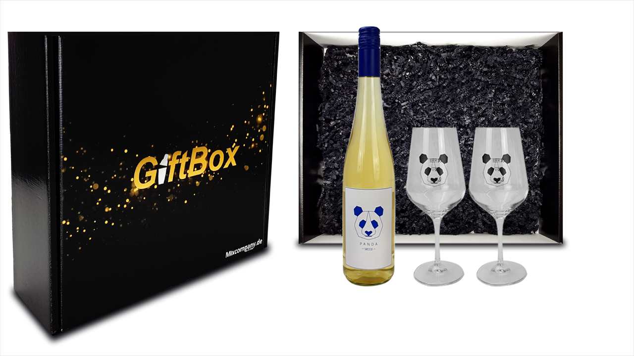 Panda Secco Sekt Wein Giftbox Geschenkset - Panda Secco (11,5% Vol) 0,75L + 2x Wein-Glas Gläser 0,1L/0,2L geeicht- [Enthält Sulfite]