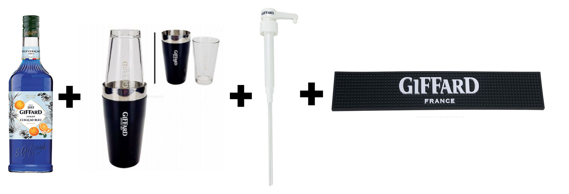 Giffard Blue Curacao Sirup 1L + Boston Shaker zweiteilig aus Metall & Glas + Dosierpumpe + Barmatte Gummimatte Abtropfmatte