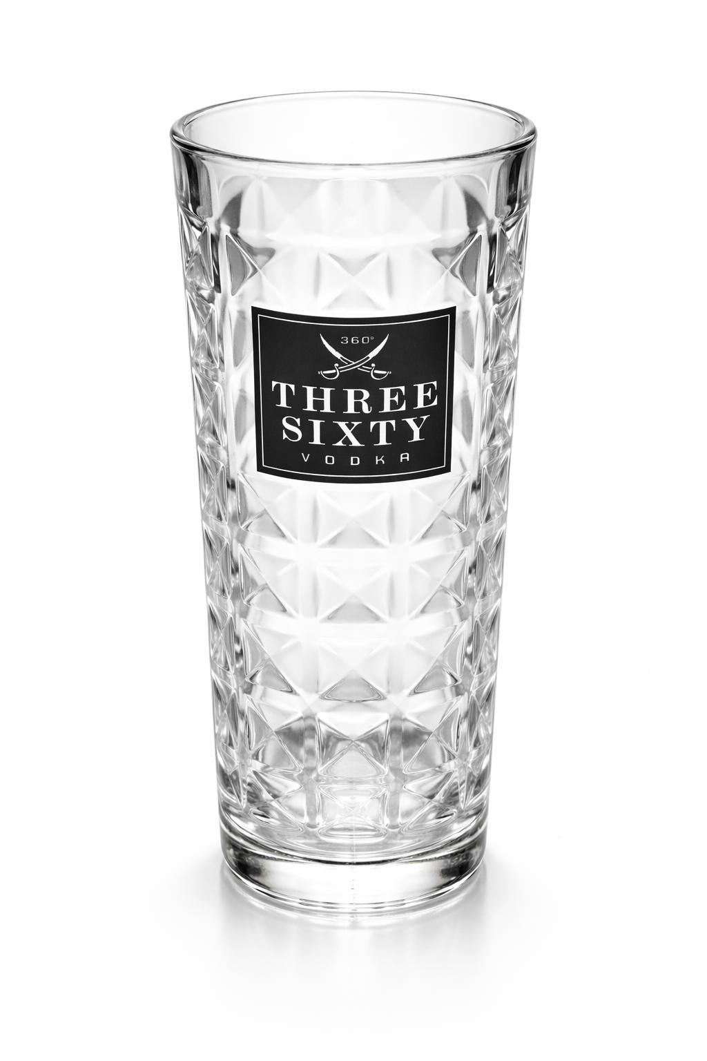 Three Sixty Vodka Longdrinkgläser 2er Set 0,3L geeicht – oben rund, mit Logo, strukturierte Glasoptik