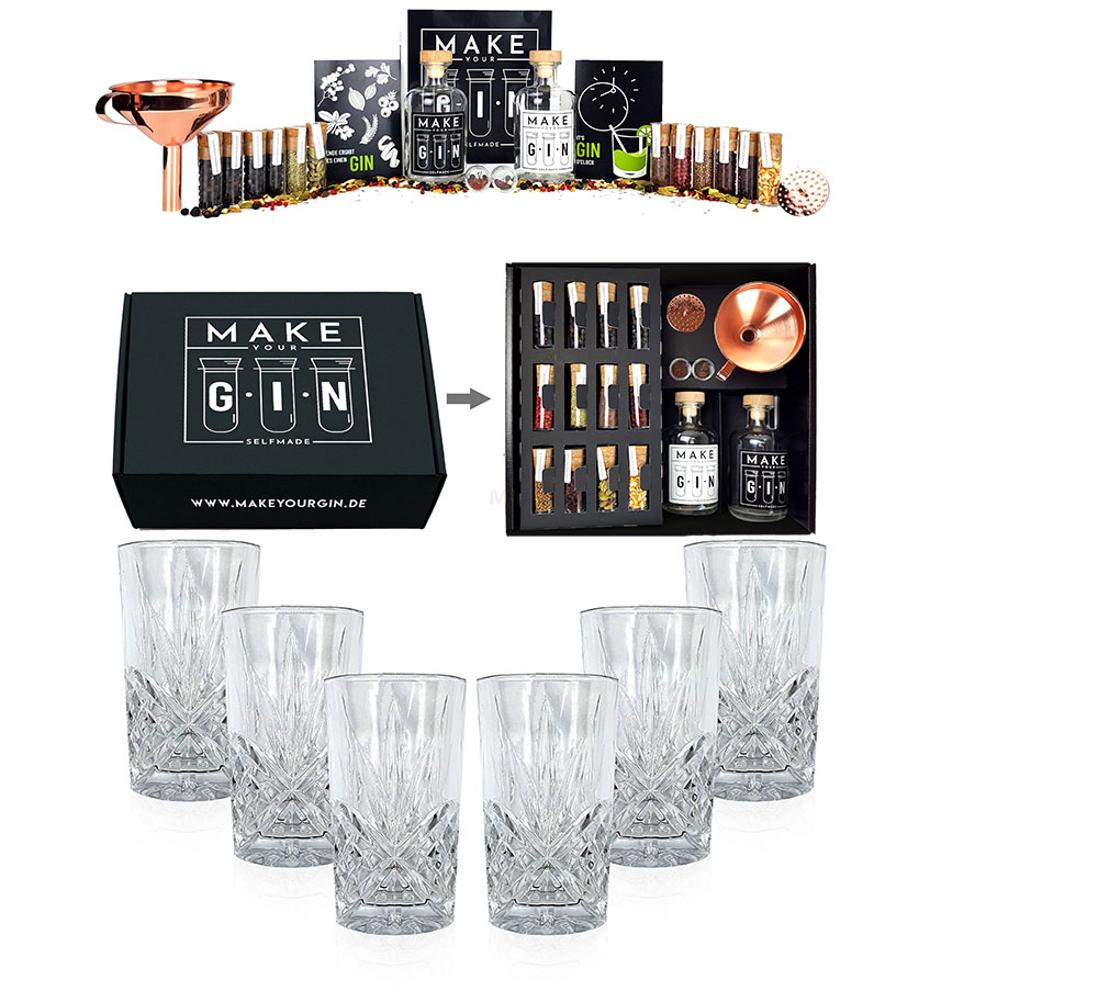 Longdrinkglas in Kristall Optik - 6er Set Gläser + Make Your Gin Geschenkset Geschenkbox Gin zum Selbermachen - 11 Botanicals + Bar Trichter + Anleitung mit Rezept