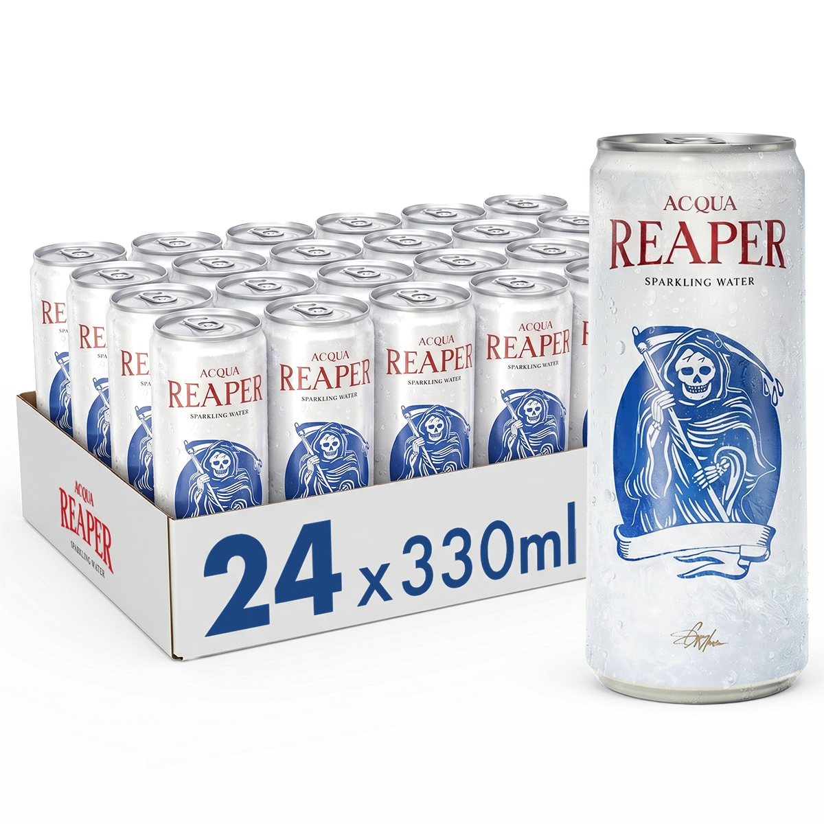 Ein Karton mit 24 Dosen Acqua Reaper - Mineralwasser mit Kohlensäure - und eine einzelne Dose im Vordergrund. Das Getränk in der Dose ist ideal als Trinkwasser Vorrat.