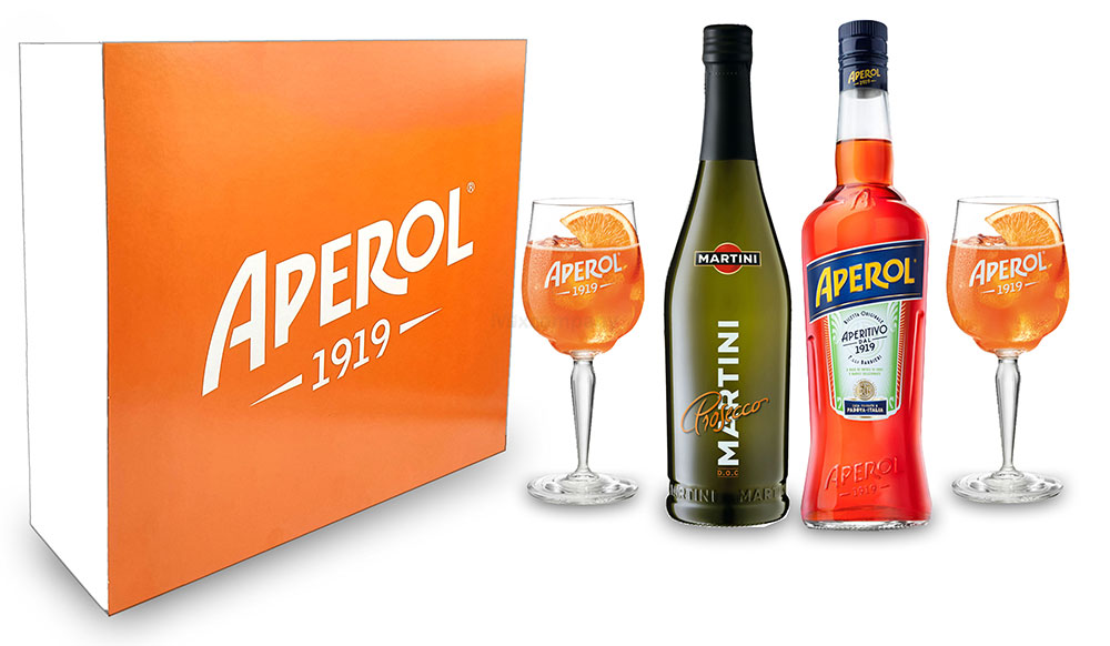 Aperol Spritz Geschenkset - Aperol Aperitivo Italiano 1L (11% Vol) + Prosecco 0,7L (10,5% Vol) + 2x Aperol 1919 Gläser / Glas + Giftbox - [Enthält Sulfite]