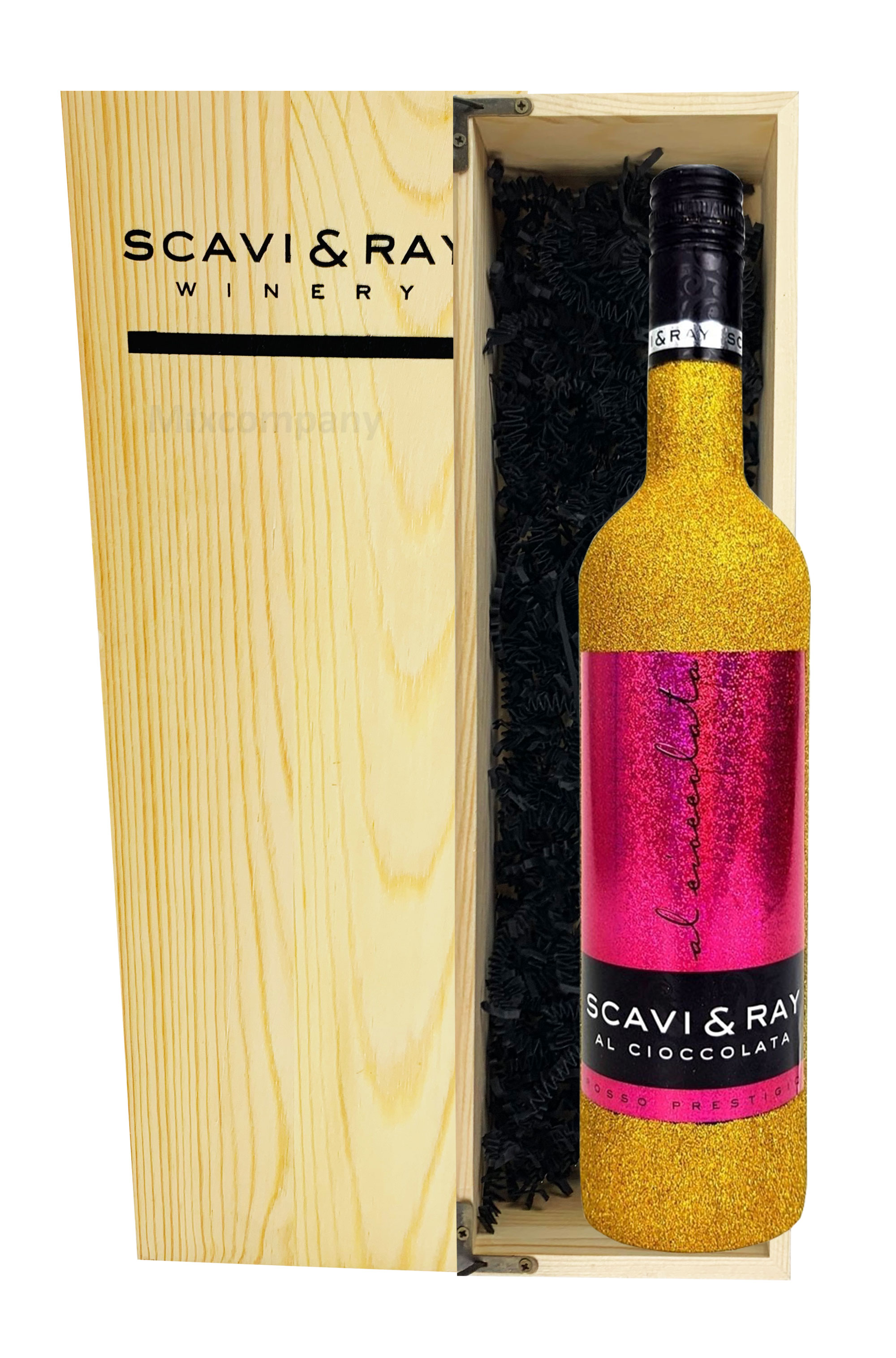 Scavi & Ray Giftbox Geschenkset - Scavi & Ray Al Cioccolata Rotwein Cuvèe 0,75l (10% Vol) Bling Bling Glitzer Glitzerflasche Gold mit Holzkiste - [Enthält Sulfite]