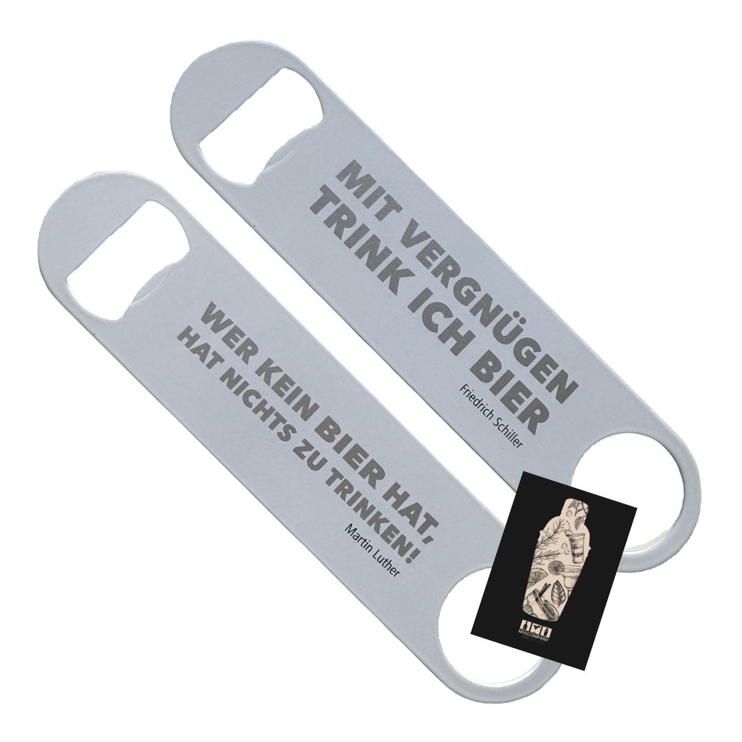Flaschenöffner Edelstahl Weiß – Vorder- & Rückseite mit Spruch graviert