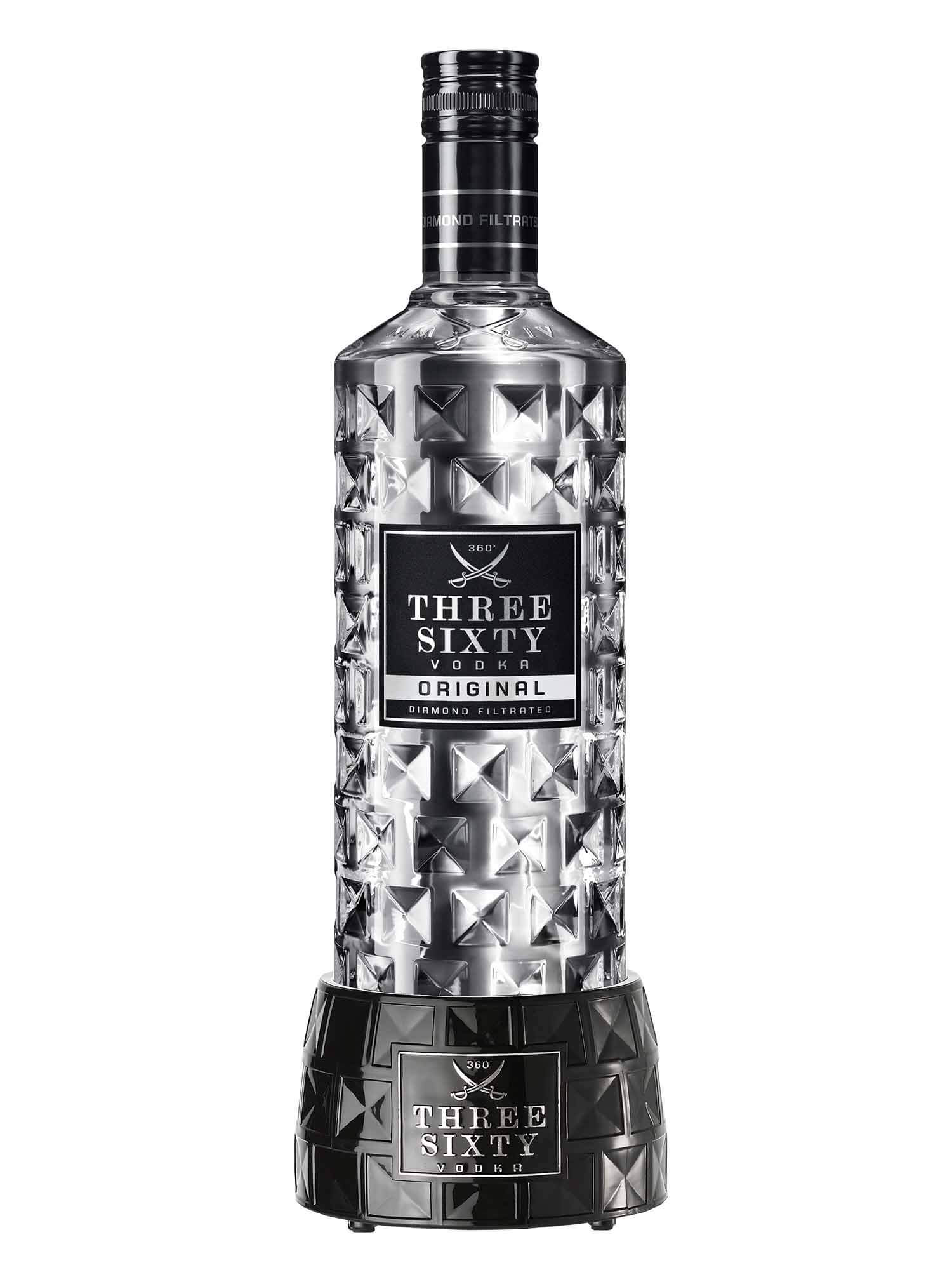 Three Sixty 0,7L (37,5% Vol) + Vodka Beleuchtung Flaschenbeleuchtung Display Glas Glorifier mit LED - [Enthält Sulfite]
