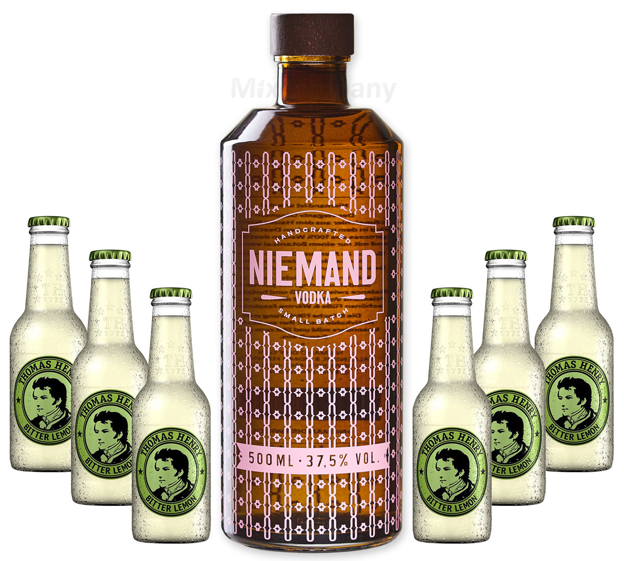 Niemand Vodka Small Batch Handcrafted Wodka 0,5l 500ml (37,5% Vol) + 6x Thomas Henry Bitter Lemon 200ml - Inkl. Pfand MEHRWEG Vodka Lemon Set - [Enthält Sulfite]