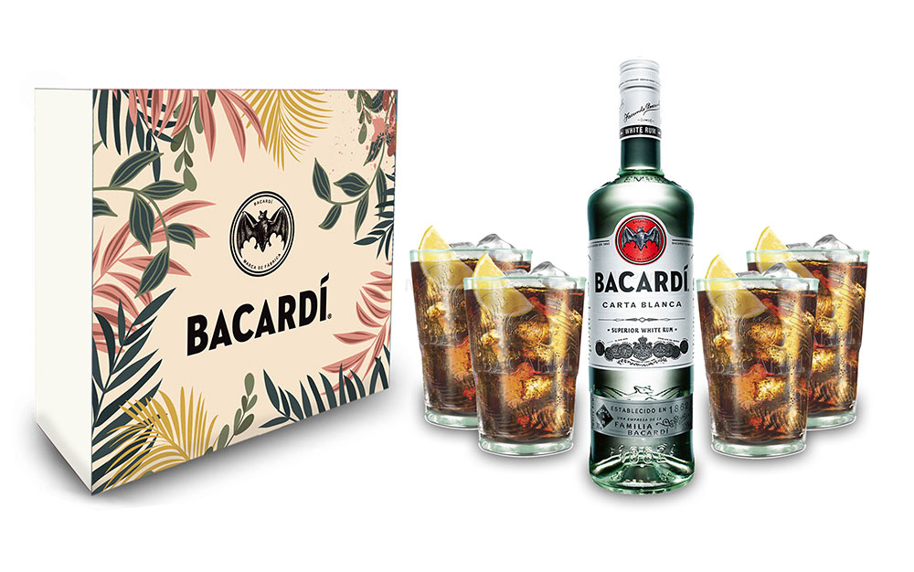 Bacardi Geschenkset - Bacardi Carta Blanca Rum 0,7l 700ml (37,5% Vol) + 4er KUNSTSTOFF Gläser - Longdrink - [Enthält Sulfite]