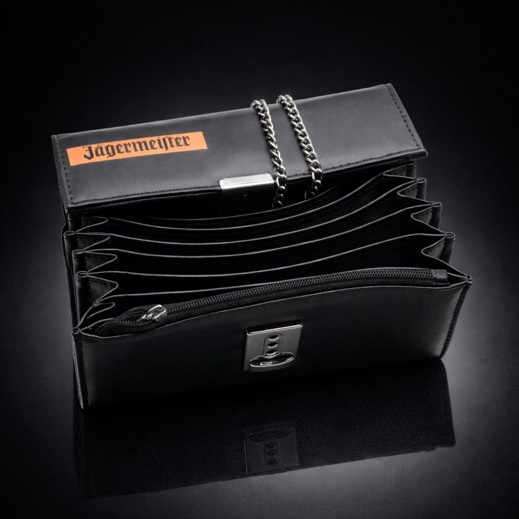 Jägermeister Kellnerbörse mit Holster – Original Kellner Portemonnaie Schwarz – Gastro Geldbörse mit Kette & Druckverschluss – Servicebörse für Gastronomie