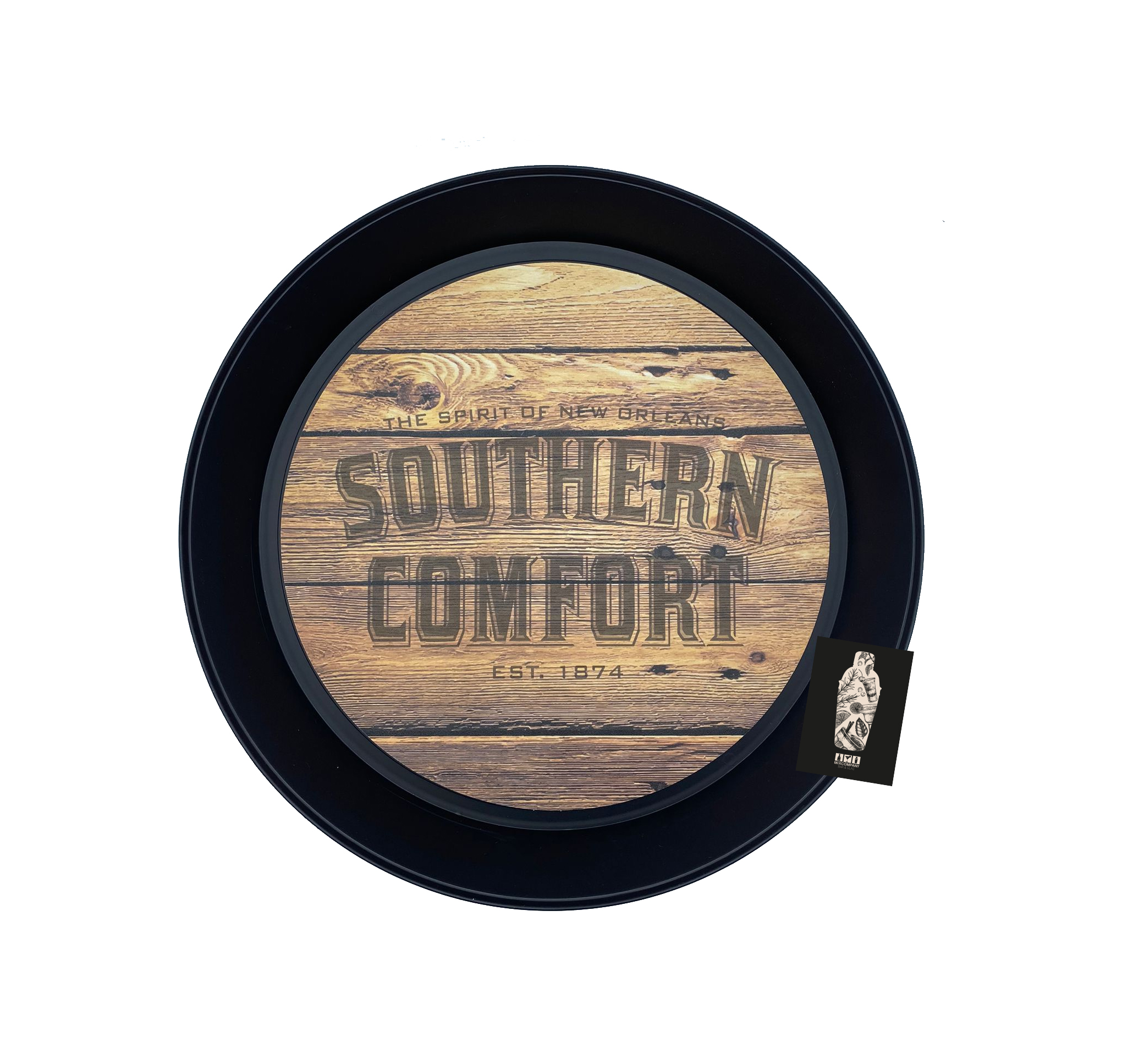 Southern Comfort Tablett Serviertablett Kellnertablett Schwarz Maße ca.: 29cm Durchmesser inkl. Mixcompany Postkarte