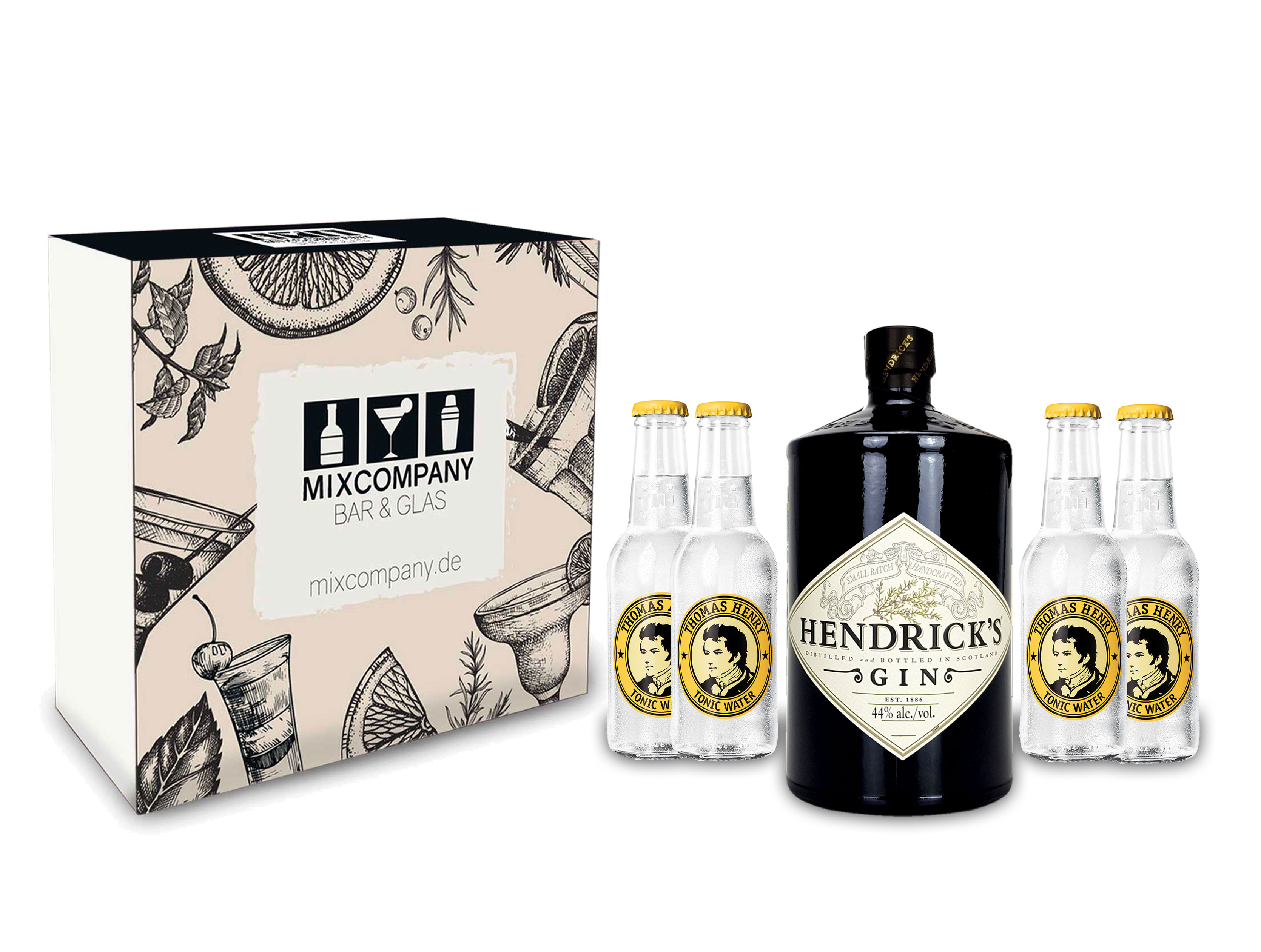 Hendricks Gin Tonic Set / Geschenkset - Hendricks Gin 0,7l 700ml (44% Vol.) + 4x Thomas Henry Tonic Water 200ml - Inkl. Pfand MEHRWEG