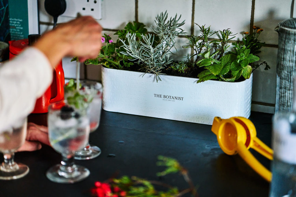 Botanist Gin Geschenkset - The Botanist Islay Dry Gin 0,7l (46% Vol) + 2x Longdrinkgläser + Blumentopf / Pflanzkübel aus Metall mit Logo