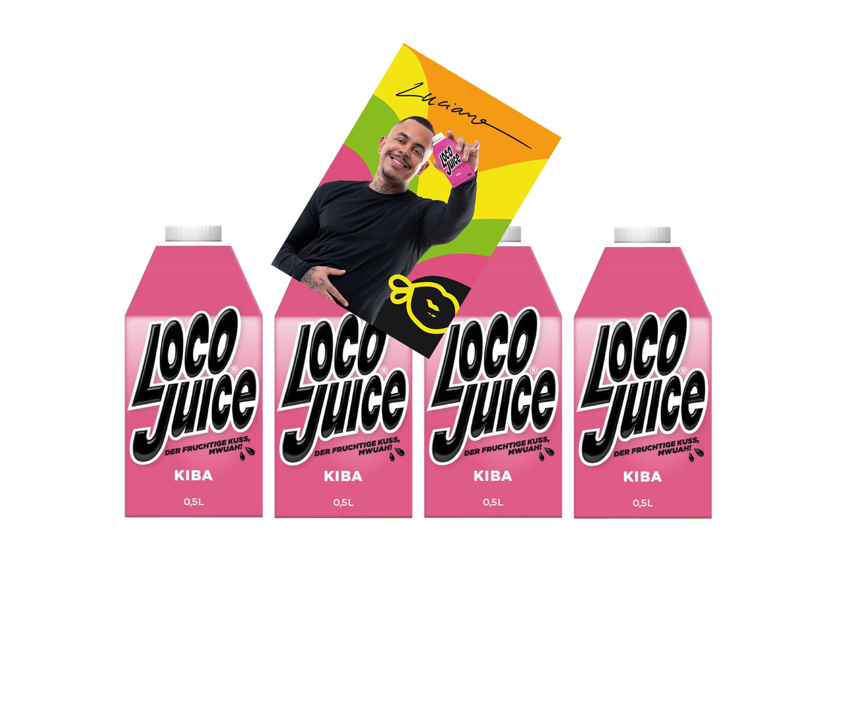 Loco Juice 4er Set Kiba 4x 0,5L von Luciano der Fruchtige Mwuah Kirsch Banane + digitalisierte Autogrammkarte