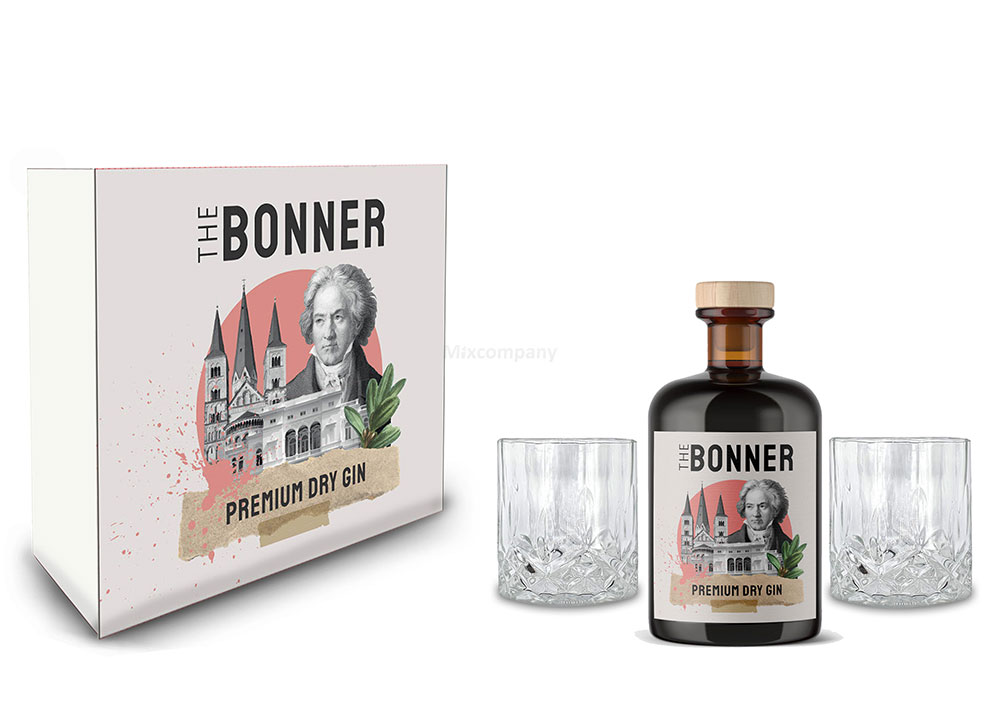 The Bonner Geschenkset - The Bonner Premium Dry Gin 0,5l (41% Vol) + 2x Tumbler Glas in Kristall Optik - [Enthält Sulfite]