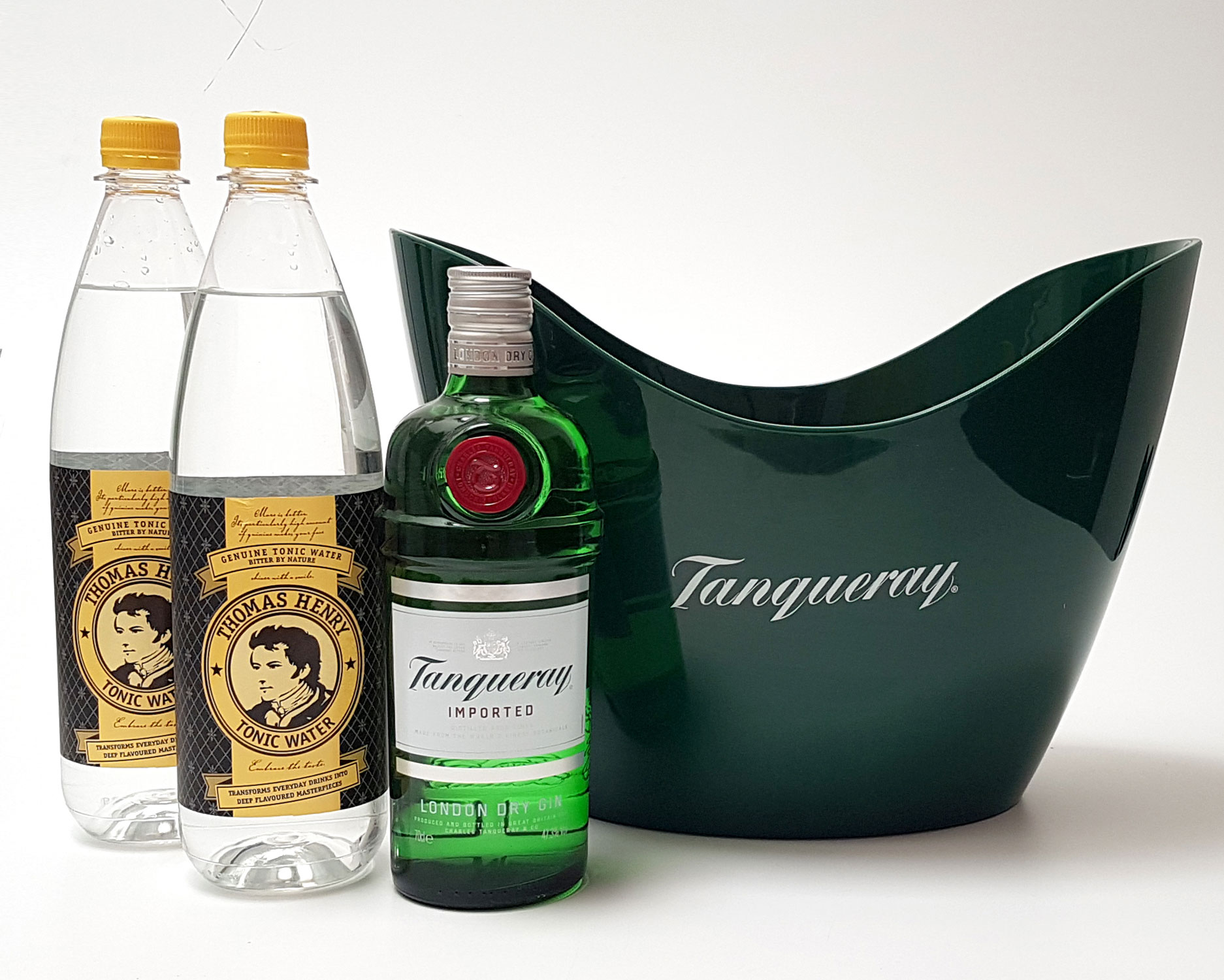 Gin Tonic Set - Tanqueray London dry Gin 0,7l 700ml (47,3% Vol) + 2x Thomas Henry Tnoic Water 1L + Flaschenkühler - Inkl. Pfand MEHRWEG