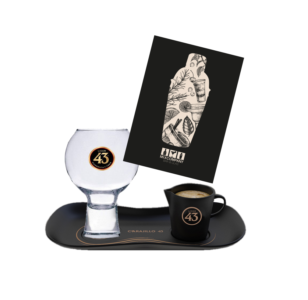 Licor 43 Espresso Service Set Tablett, Espresso Kännchen / Kanne und Glas mit Eichung Logo GOLD