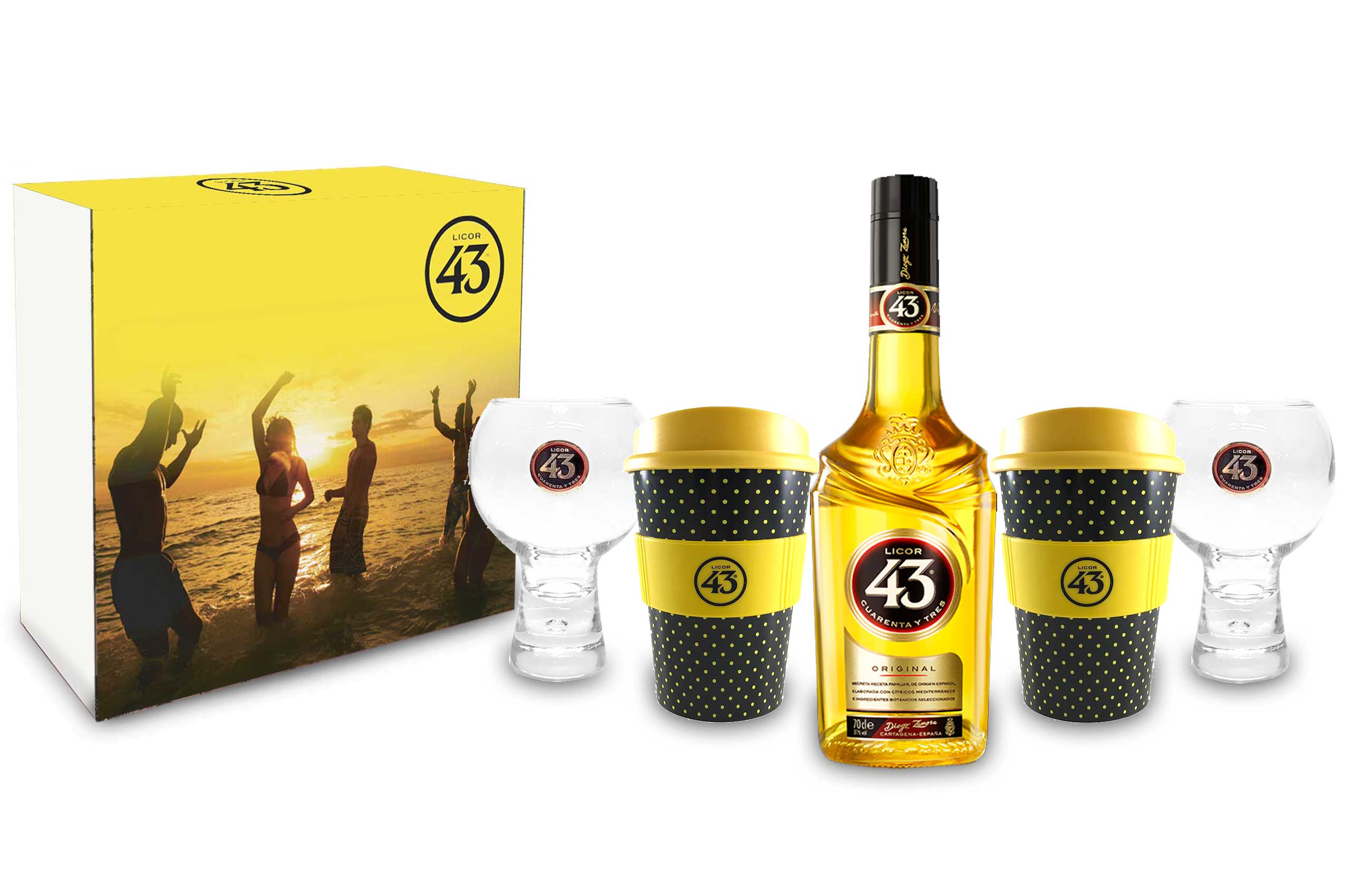 Licor 43 Schuber Geschenkset Cuarenta y Tres 0,7l (31% Vol) + 2x Ballon Tumbler Gläser +2 Likör Liquor 43 Kaffee Becher- [Enthält Sulfite]