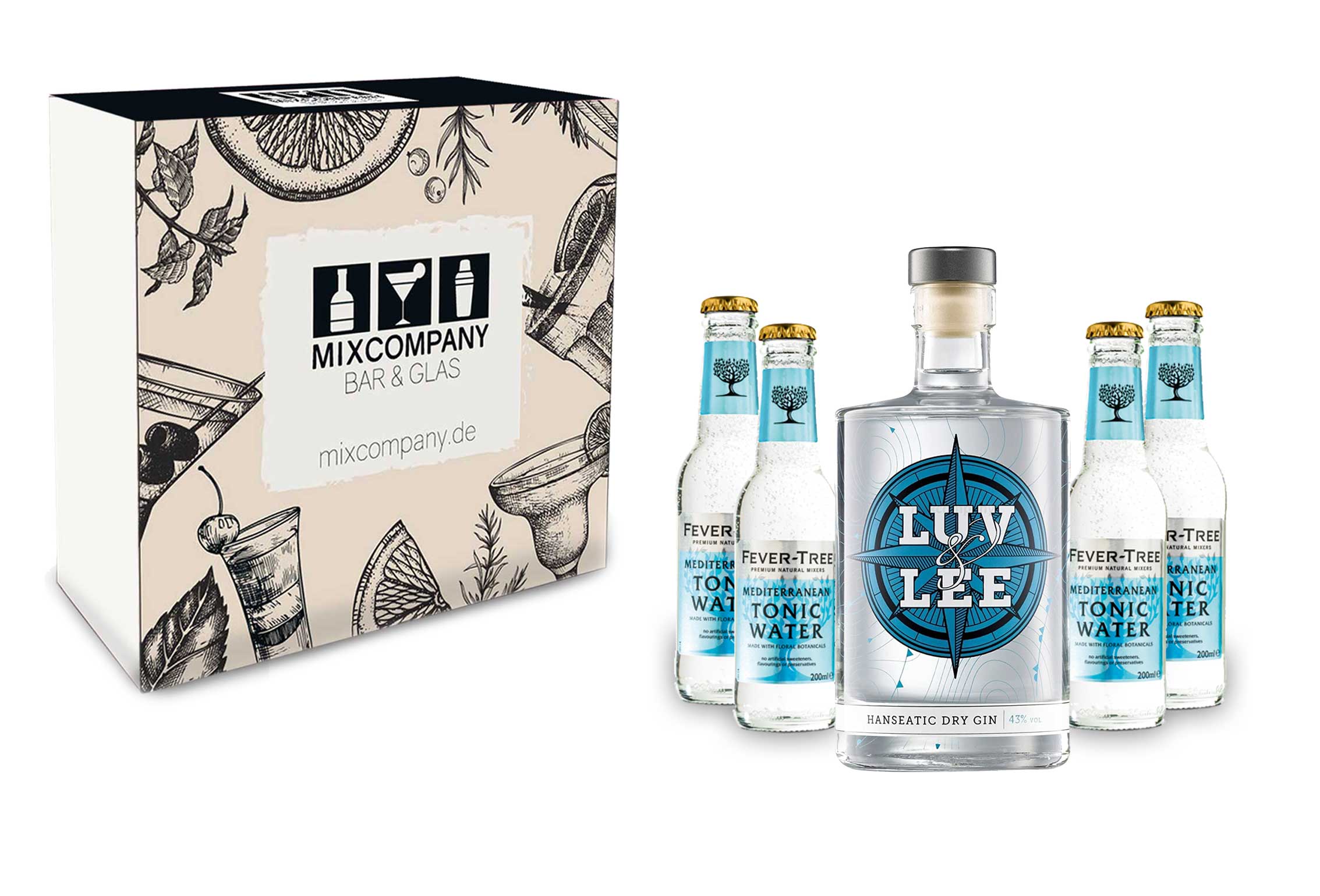 Luv & Lee Hanseatic Dry Gin Tonic Giftbox Geschenkset - Luv & Lee Gin 0,5l (43% Vol) + 4x Fever Tree Mediterranean Tonic Water 200ml inkl. Pfand MEHRWEG + Geschenk-Box