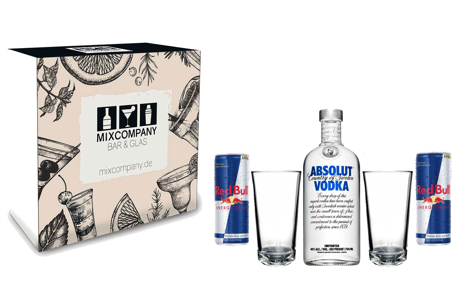 Absolut Vodka Red Bull Geschenk Set - Absolut Vodka (40% Vol) 0,7l 700ml + 2 Absolut Gläser + 2 Red Bull 250ml - Inkl. Pfand EINWEG