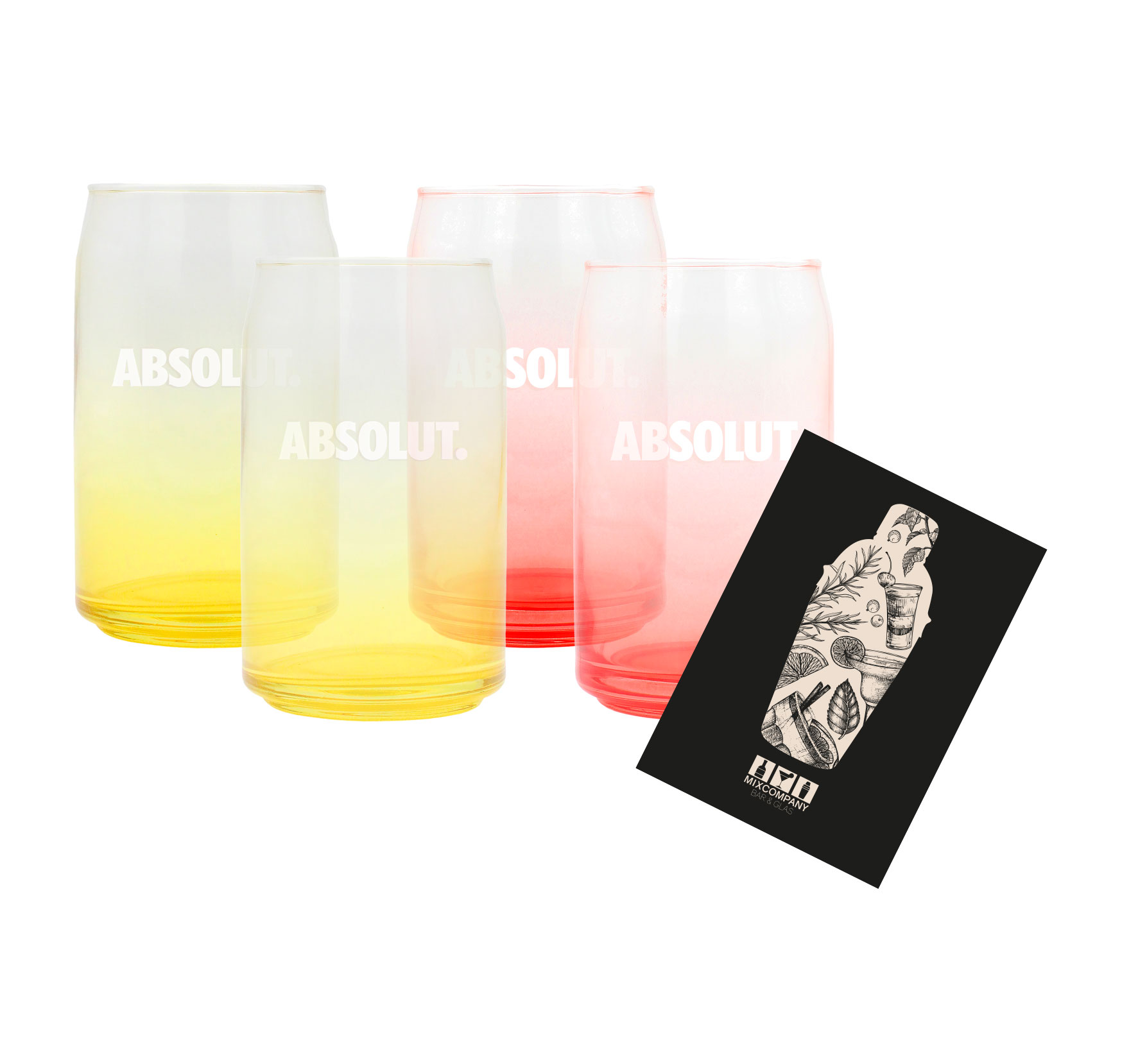 Absolut Vodka 4er Set Longdrink Glas Tumbler farbig - Gelb und Rot 