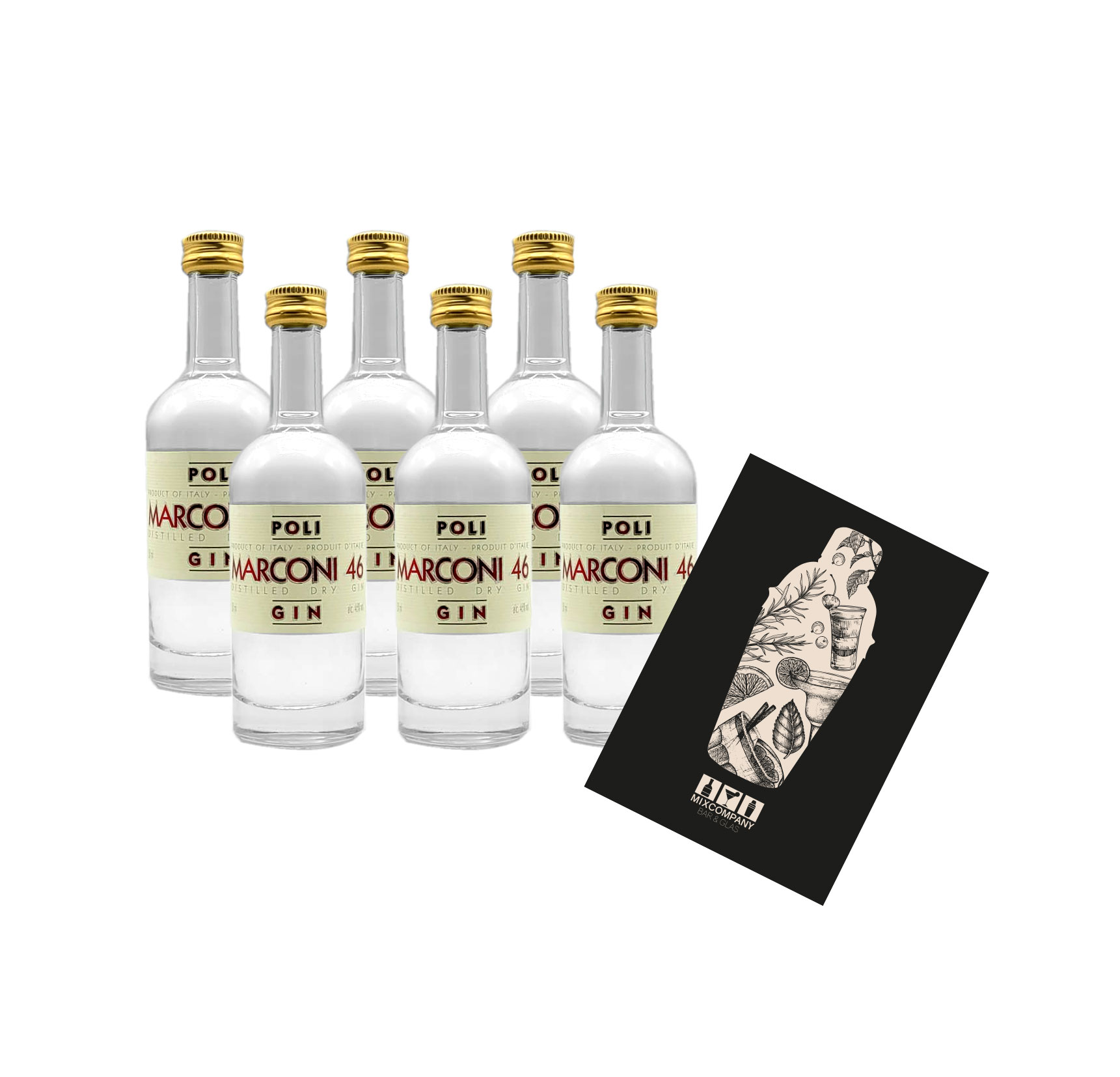 Poli Marconi 46 Gin Miniatur 6x 50ml (46% vol) Dry Gin Italien Mini- [Enthält Sulfite]