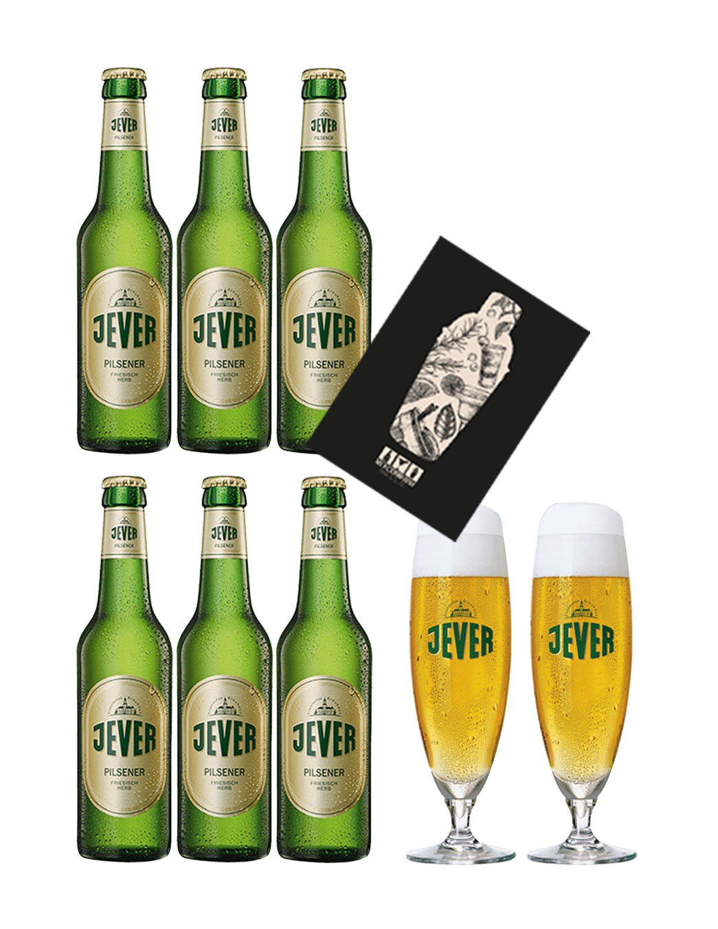 Jever Pilsener 6er Set Bier 0,33l (4,9% Vol) + 2 Gläser mit Mixcompany Grußkarte inkl Pfand MEHRWEG- [Enthält Sulfite]