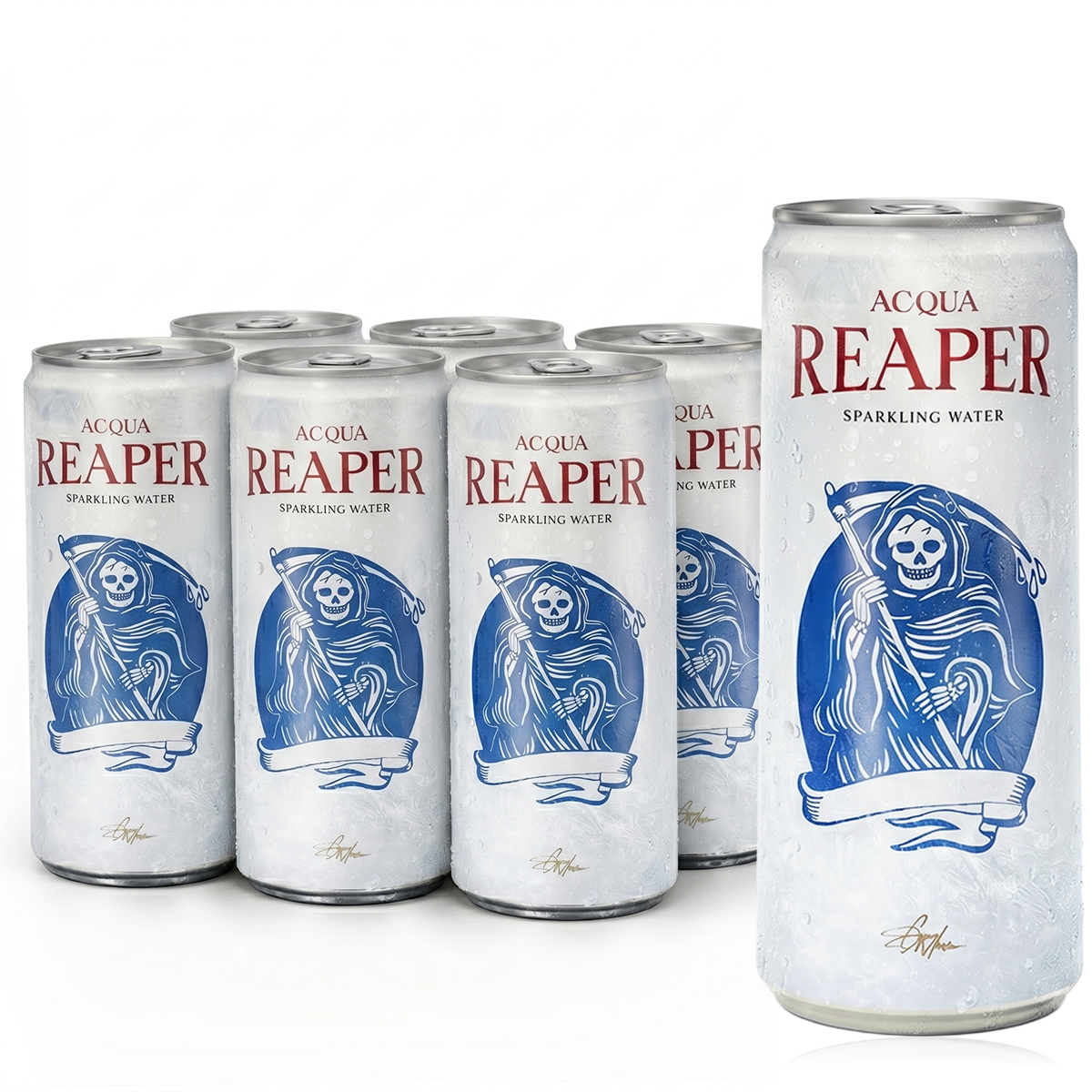 Ein 6er Pack Acqua Reaper Dosen mit prickelndem Mineralwasser mit Kohlensäure, präsentiert mit einer Dose im Vordergrund auf weißem Hintergrund. Dieses Erfrischungsgetränk ist ideal als Trinkwasser Vorrat oder für die tägliche Wasserbalance.