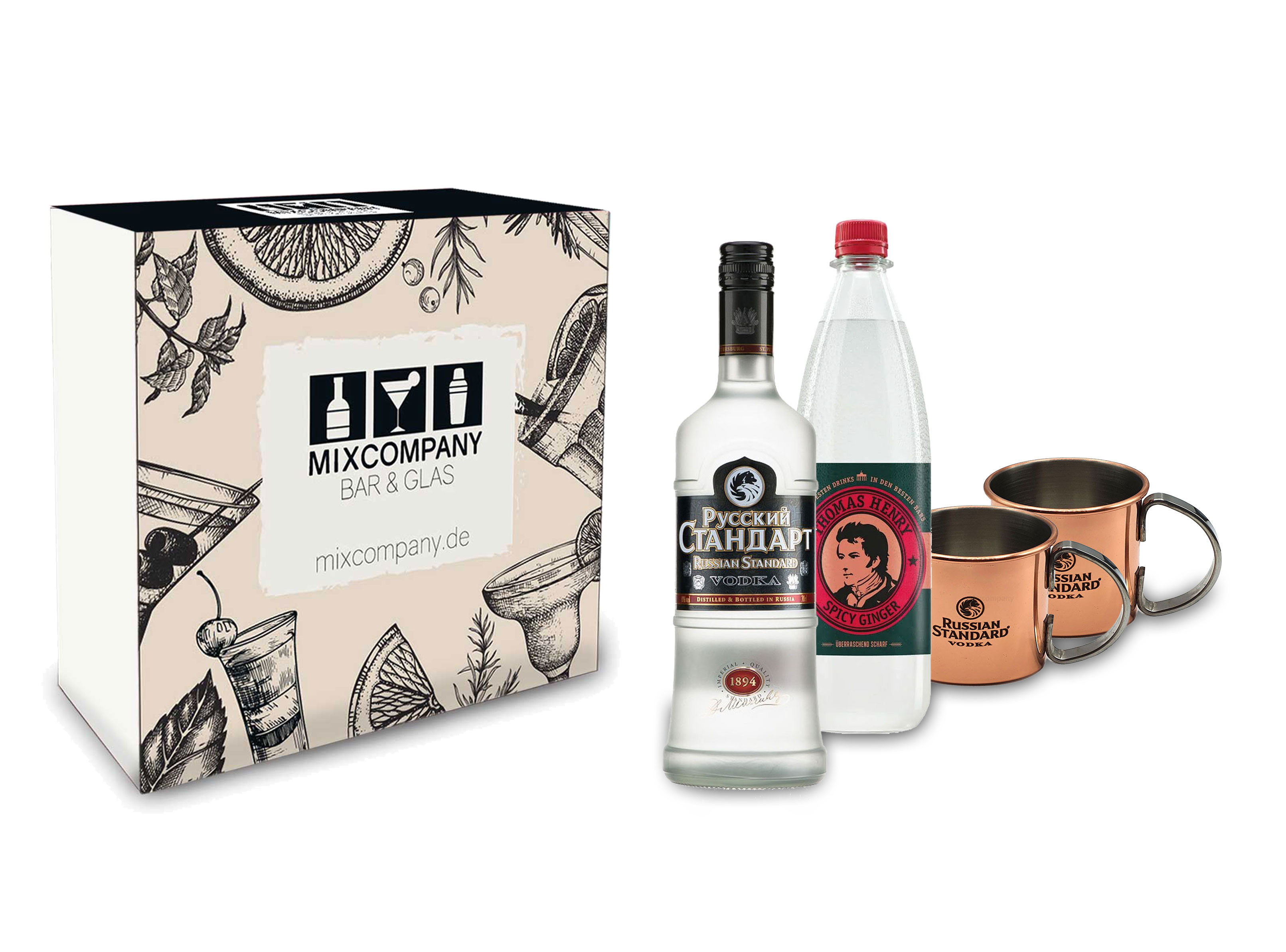 Russian Standard Vodka Geschenk Set -Russian Standard Vodka 0,7l 700ml (40% Vol) + 2 Moscow Mule Becher + Thomas Henry Spicy Ginger 1000ml - Inkl. Pfand MEHRWEG