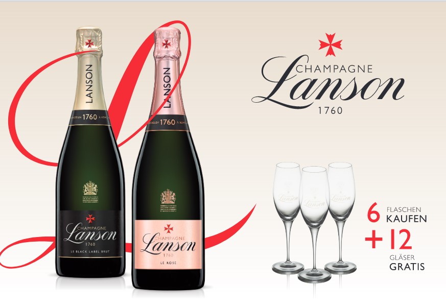 Lanson Champagner Aktion - 6x Lanson champagne Black Lable Brut 0,75L (12,5% Vol) kaufen + 12 Lanson Champagner Gläser Gratis erhalten- [Enthält Sulfite]