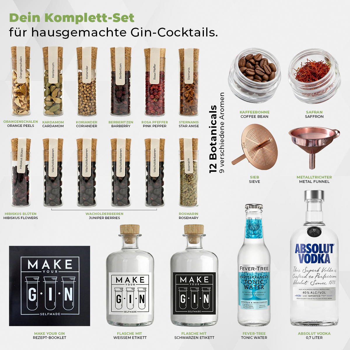 Make Your Gin Geschenkset Weiß mit Absolut Vodka & Fever-Tree Tonic Water - 12 Botanicals Geschenkset Inhalt
