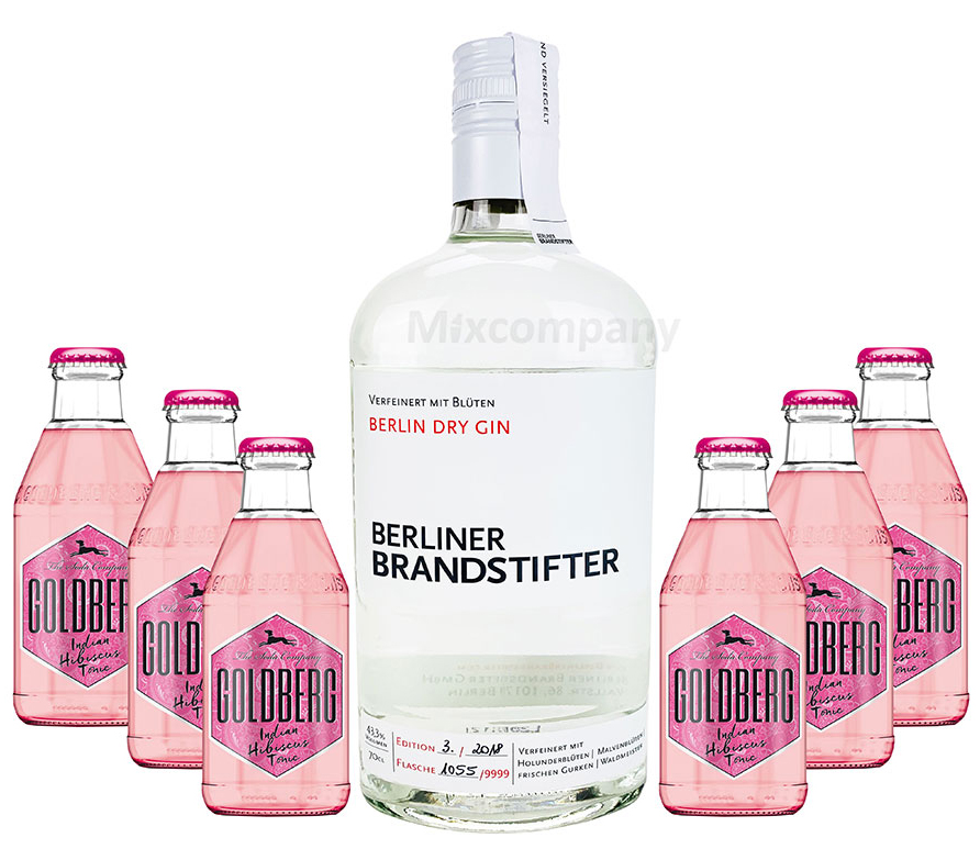 Brandstifter Berlin Dry Gin 0,7l (43,3% Vol) + 6x Goldberg Indian Hibiscus  Tonic 0,2L MEHRWEG Bar Longdrink Cocktail Sammlung Gin Tonic inkl. PFAND-  [Enthält Sulfite] | 6904