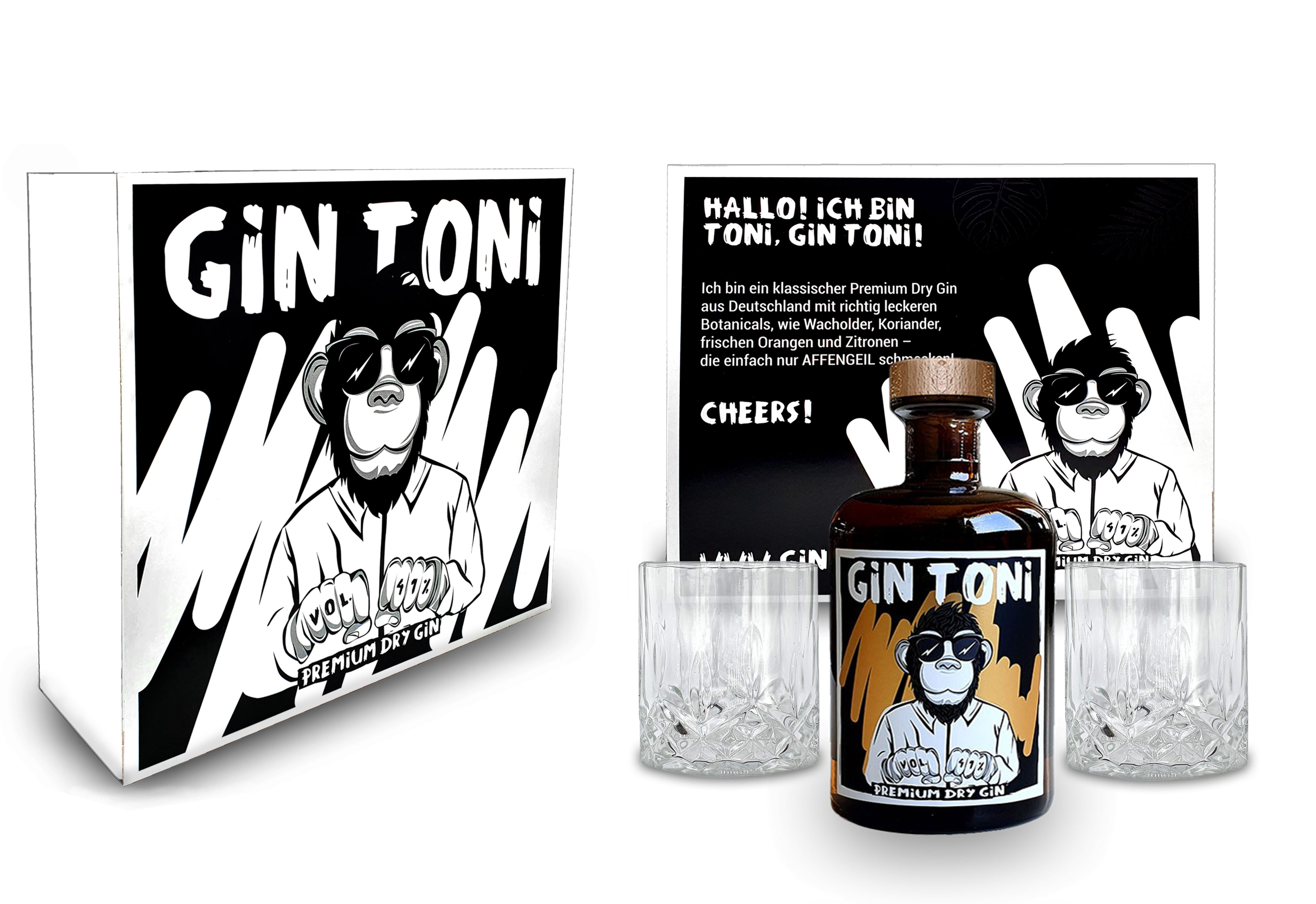 Gin Tonic Giftbox Geschenkset - Affengeiler Gin - Gin Toni Premium Dry Gin 0,5l (41% Vol) + 2x Tumbler Glas in Kristall Optik- [Enthält Sulfite]