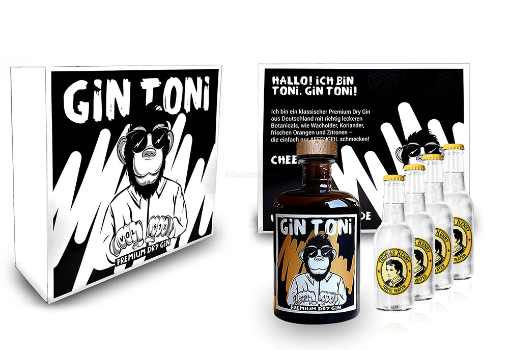 Gin Tonic Giftbox Geschenkset - Affengeiler Gin - Gin Toni Premium Dry Gin 0,5l (41% Vol) + 4x Thomas Henry Tonic Water 200ml inkl. Pfand MEHRWEG -[Enthält Sulfite]