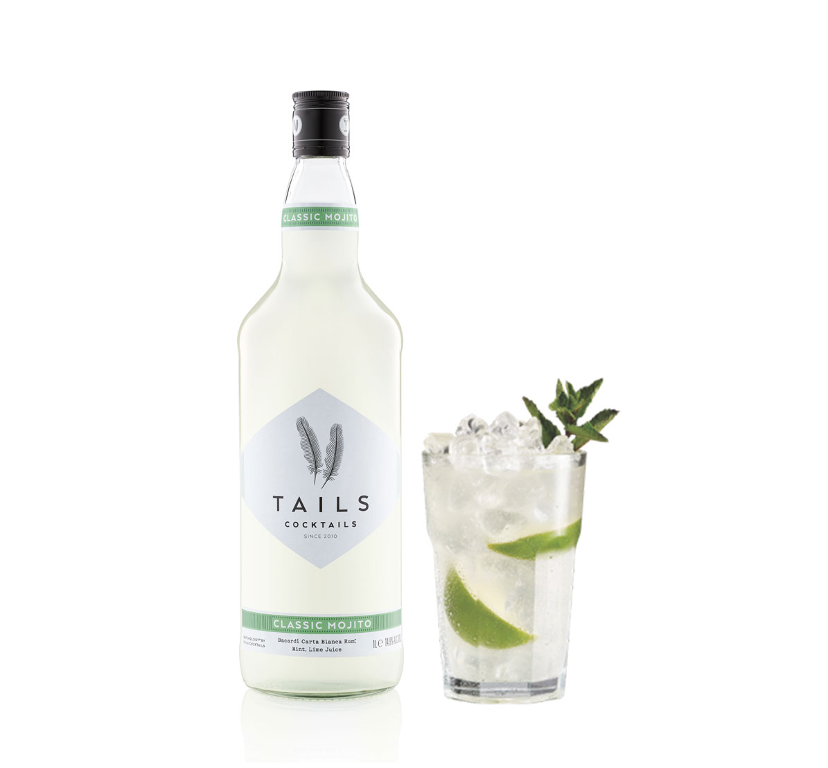 Tails Cocktails Geschenkset classic Mojito 1L (14,9% Vol) mit 2 Longdrink Cocktail Gläsern in Kristalloptik Fertig Cocktail Ready to Drink- [Enthält Sulfite]