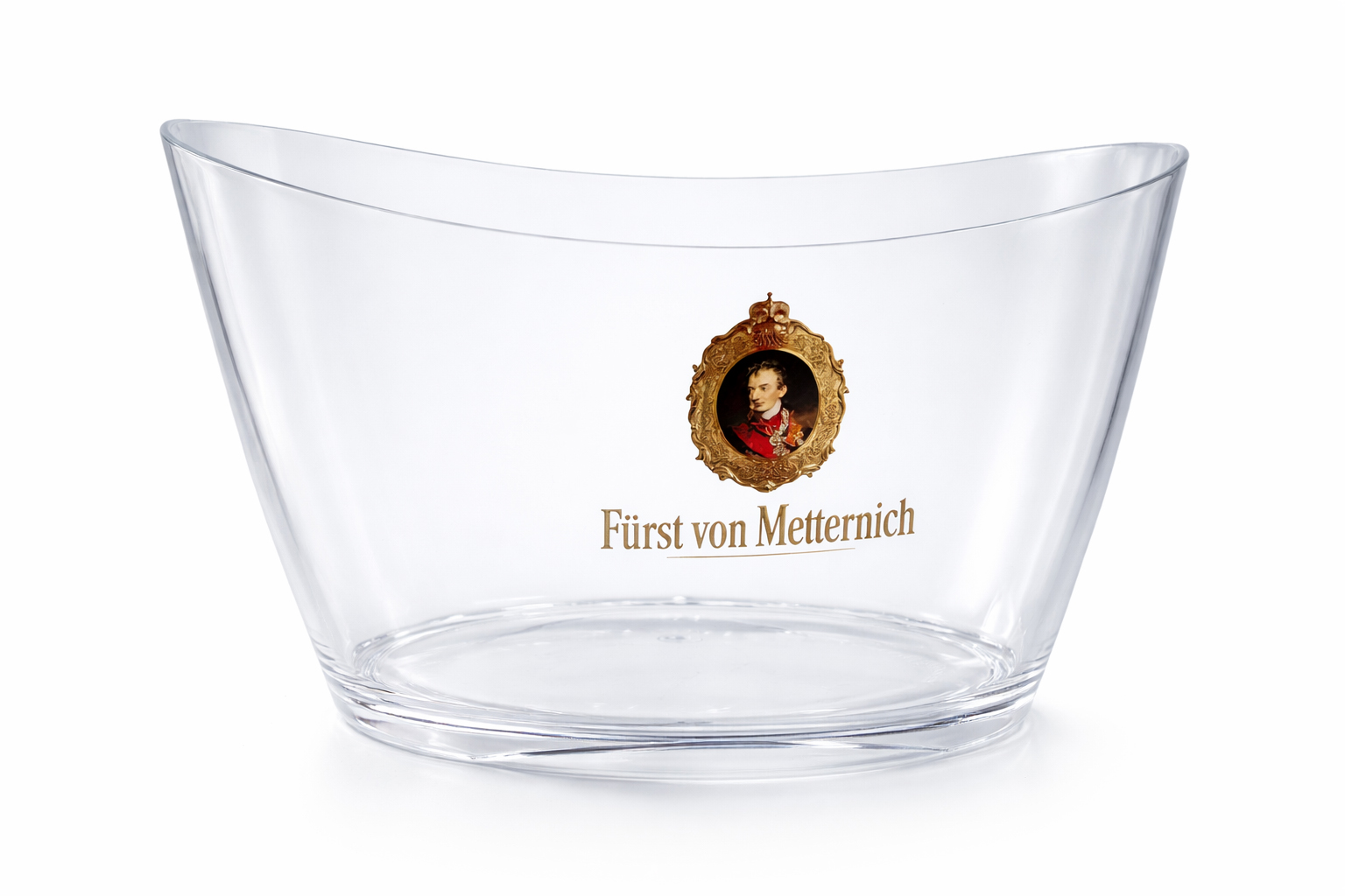 Fürst von Metternich Flaschenkühler / Getränkekühler 40 cm breit – transparenter Sektkühler mit Logo