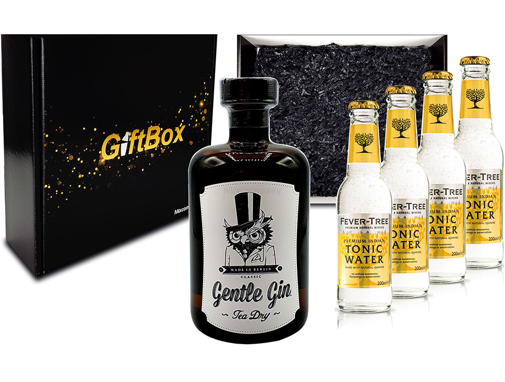 Mixcompany Giftbox - Gin Tonic Set - Gentle Gin Tea Dry 0,5l (47% Vol) + 4x Fever-Tree Indian Tonic Water 200ml inkl. Pfand MEHRWEG - in Geschenkverpackung- [Enthält Sulfite]
