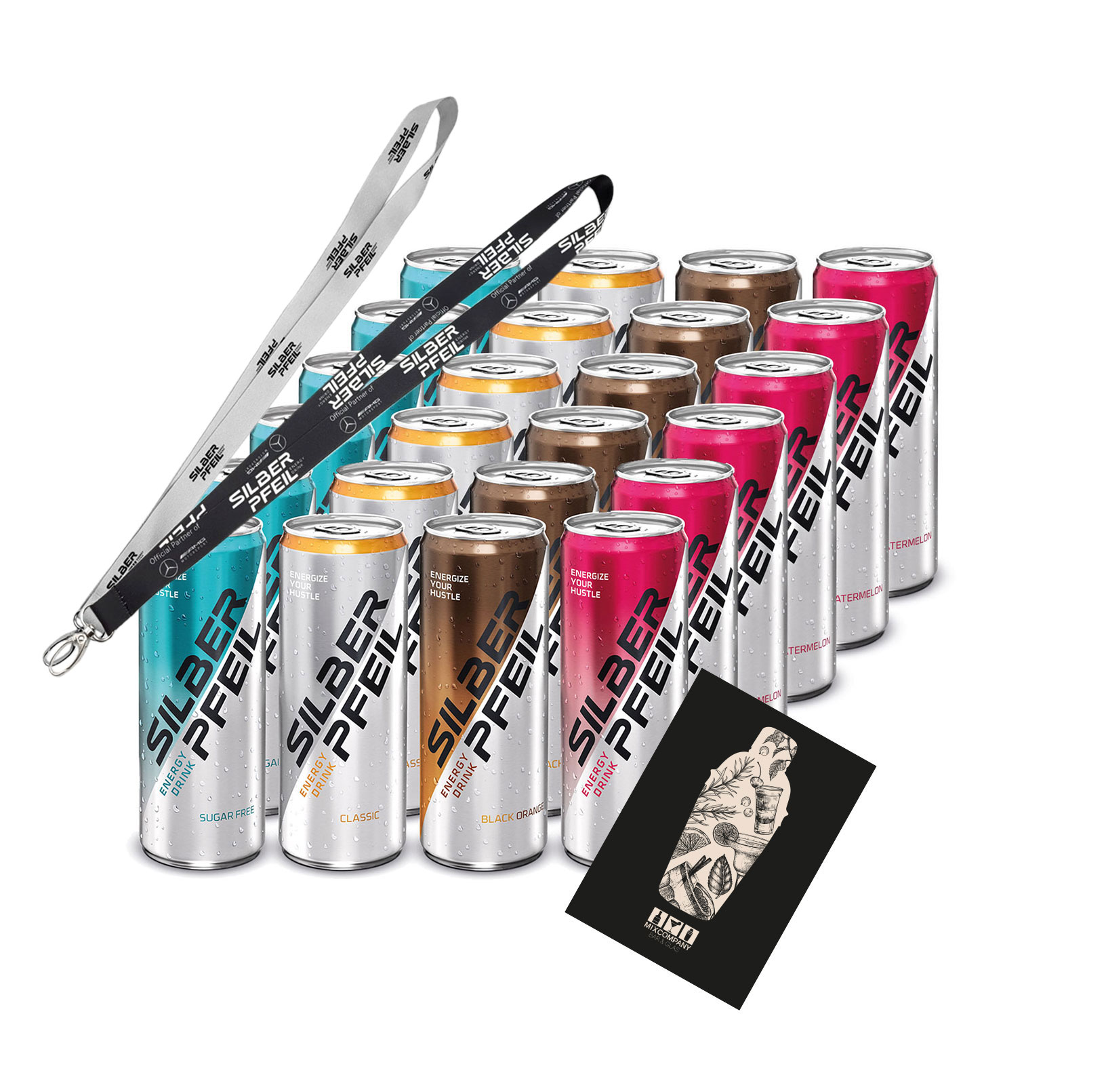  Silberpfeil 24er tasting Energy Drink 6 pro Sorte Black Orange + Watermelon + Classic + Sugarfree je 0,25L inkl. Pfand EINWEG + 1x Schlüsselband Lanyard