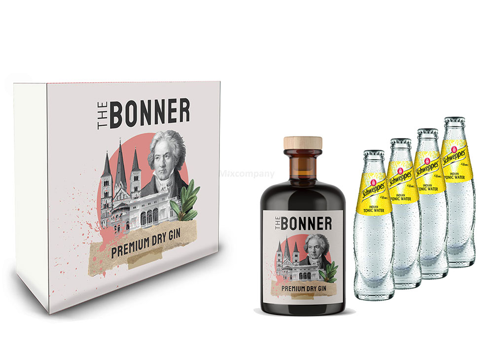 The Bonner Geschenkset - The Bonner Premium Dry Gin 0,5l (41% Vol) + 4x Schweppes Tonic Water 200ml inkl. Pfand MEHRWEG- [Enthält Sulfite]