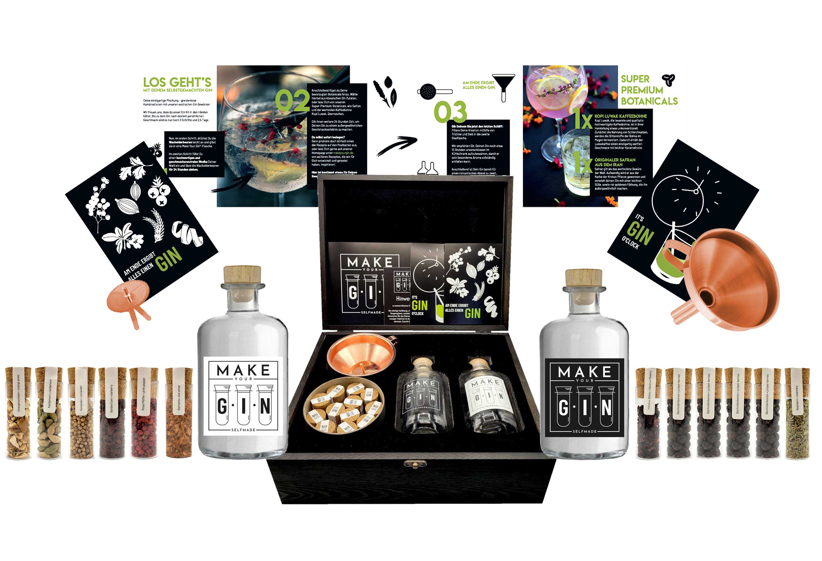 Make Your Gin Geschenkset in Holzbox - Gin zum Selbermachen - 12 Botanicals + Bar Trichter + Anleitung mit Rezept