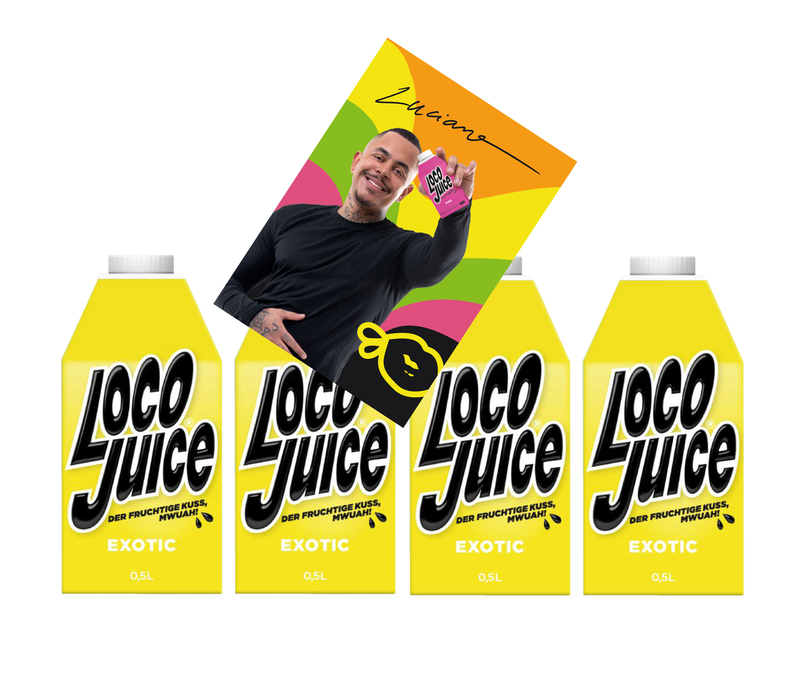 Loco Juice 4er Set Exotic 4x 0,5L von Luciano der Fruchtige Mwuah + digitalisierte Autogrammkarte