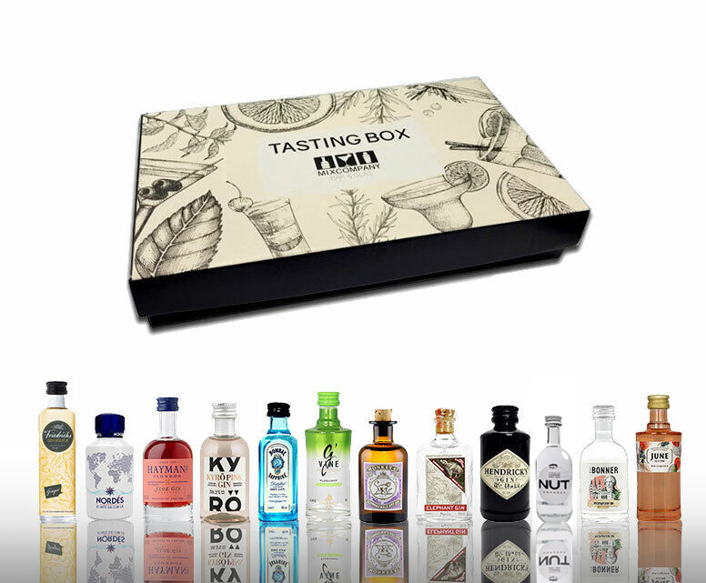 Gin 12er Tasting Box - 12x Gin Miniaturen Probierset Geschenk Set - Nordes Atlantic (40% Vol), Friedrichs, Kyrö, Haymans, G-Vine, Bombay, Monkey 47, NUT, Hendricks, June, The Bonner, Elephant Gin 