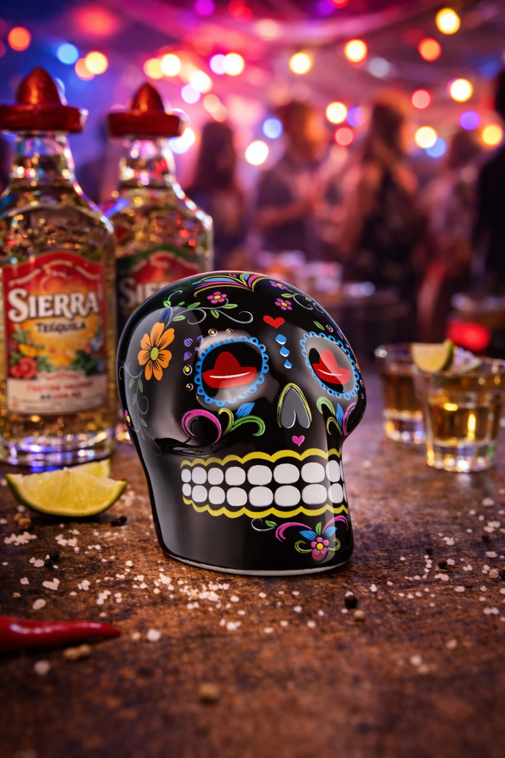 Sierra Tequila Salz- & Zimtstreuer Skull Schwarz mit Sierra Logo – ca. 5 cm