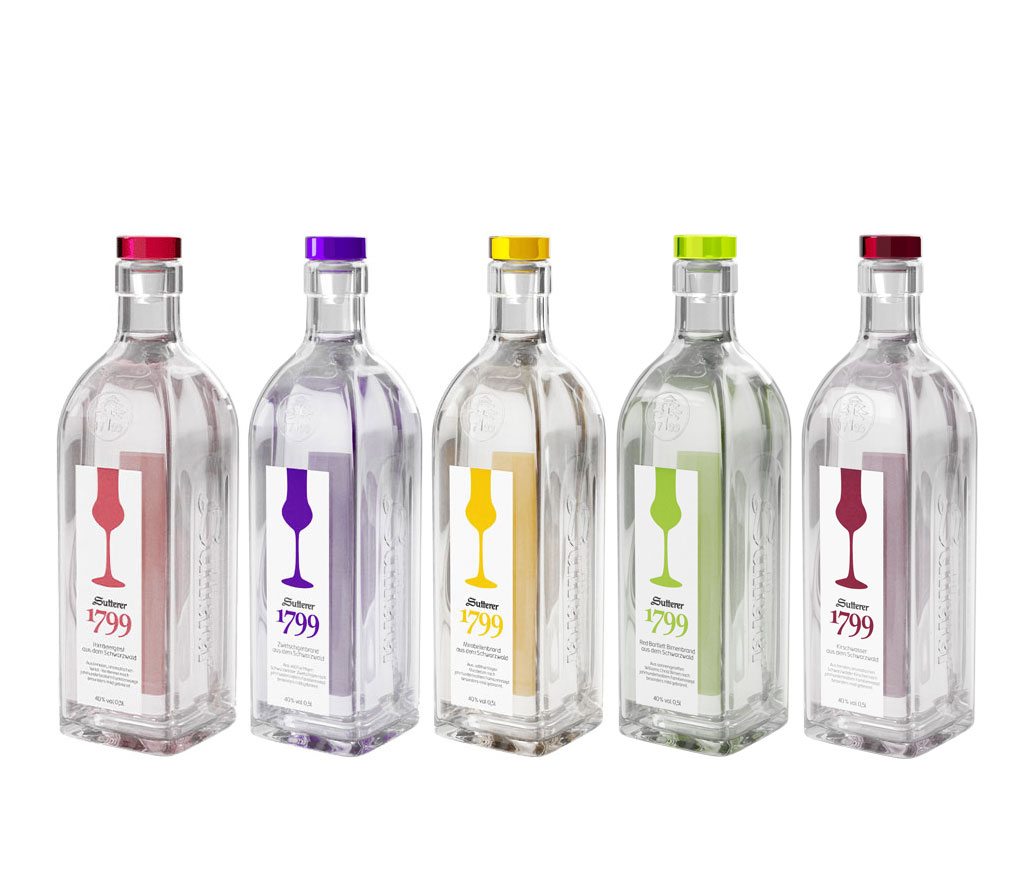 Sutterer 1799 tasting Set - 5x verschiedene Sorten Obstbrand je 0,5L (40% Vol) Kirschwasser Mirabellenbrand Williams-Christ Birnenbrand Himbeergeist Zwetschgenbrand - [Enthält Sulfite]