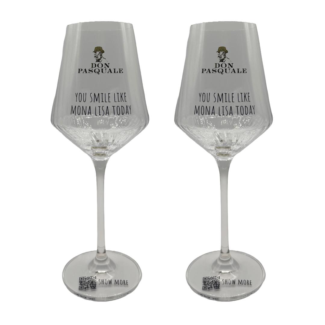 Don Pasquale Weingläser 2er-Set – "You smile like Mona Lisa today", elegante Designgläser mit Spruch