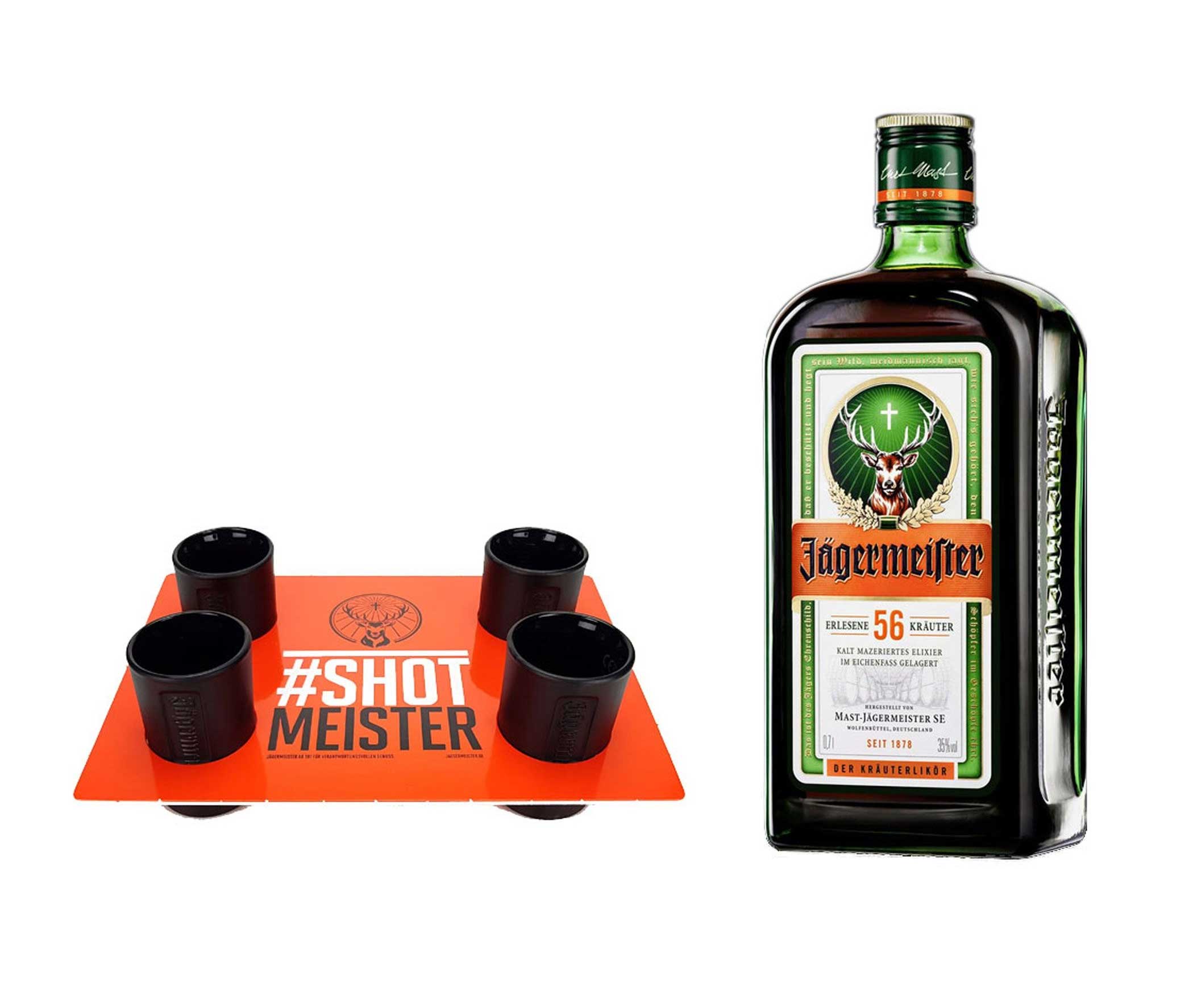 Jägermeister Kräuterlikör 0,7l (35% Vol) + 4x Shotgläser in schwarz 2/4cl geeicht