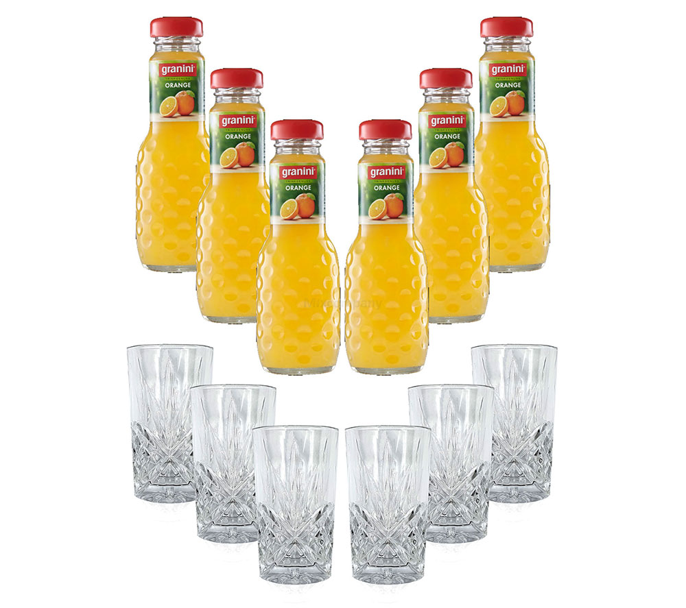 Mixcompany Set - 6x Longdrink Glas Kristall Optik + 6er Set Granini Orange 0,2L Saft inkl. Pfand MEHRWEG